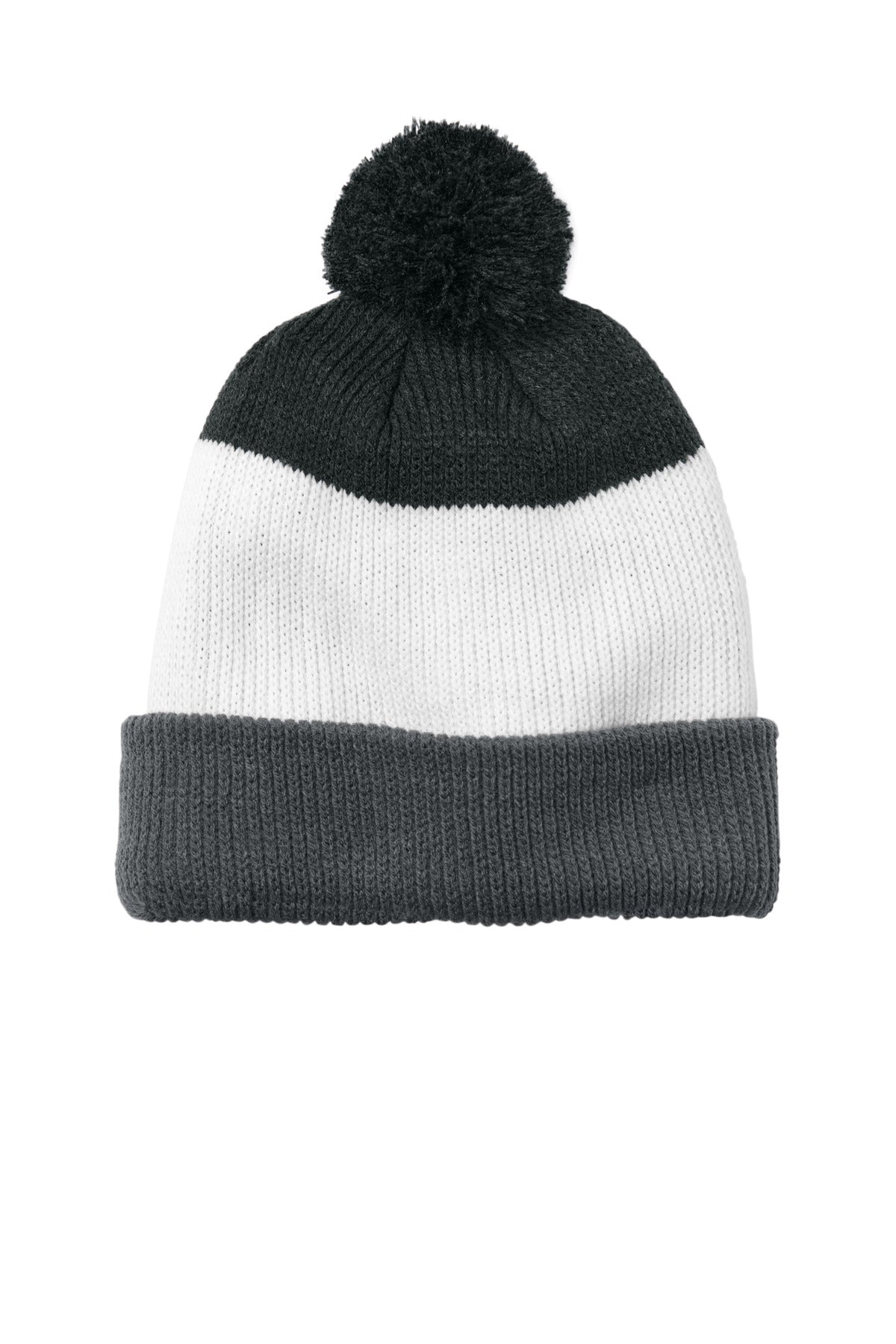 Port Authority Cozy Striped Pom Beanie C979 in Storm Grey/ Marshmallow/ Charcoal Heather