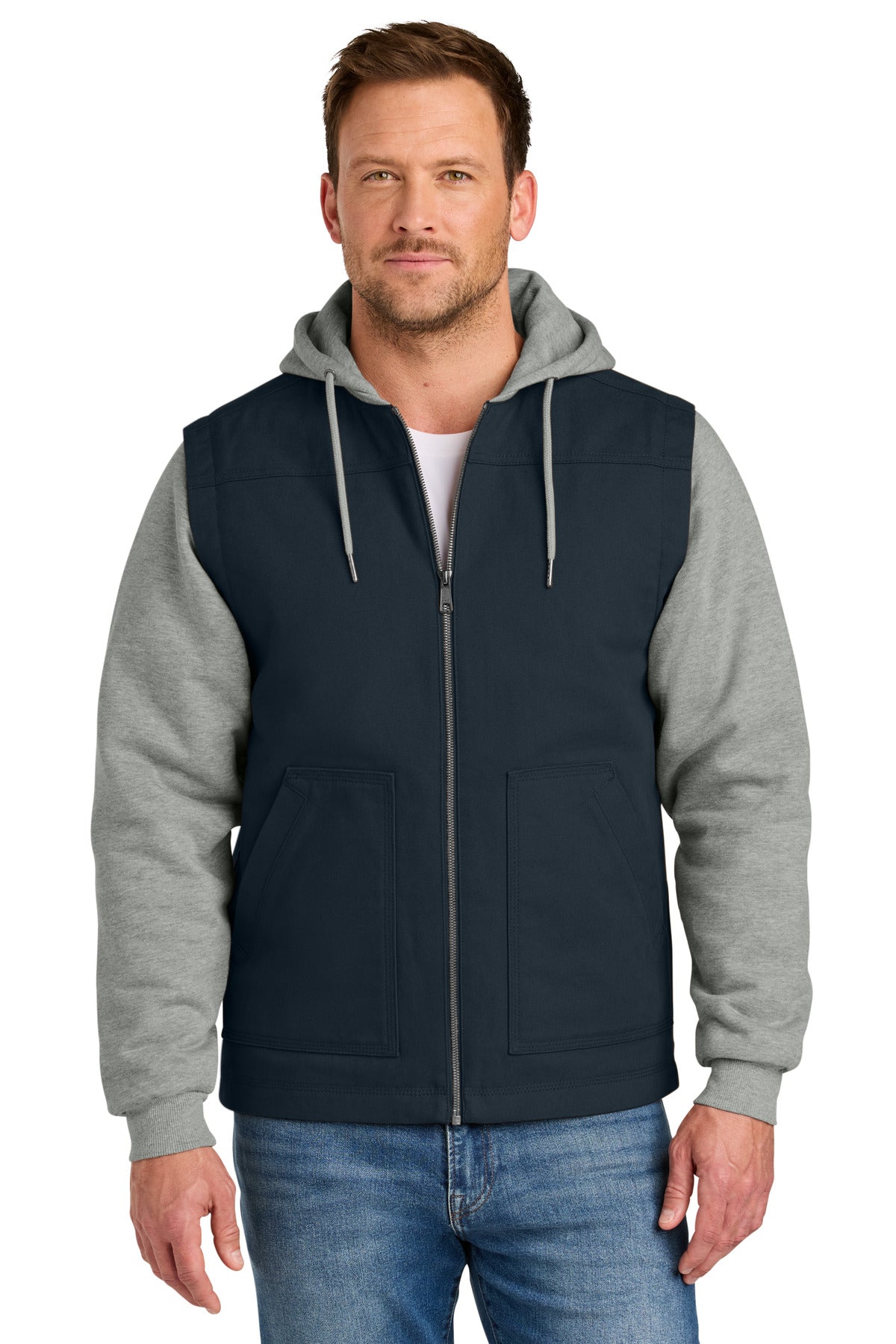 CornerStone Duck Fleece Full-Zip Hooded Jacket CSJ42 in Navy/ Heather Grey