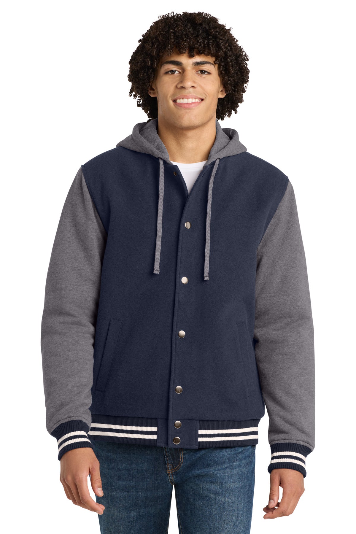 Sport-Tek Insulated Letterman Jacket. JST82 in True Navy/ Vintage Heather