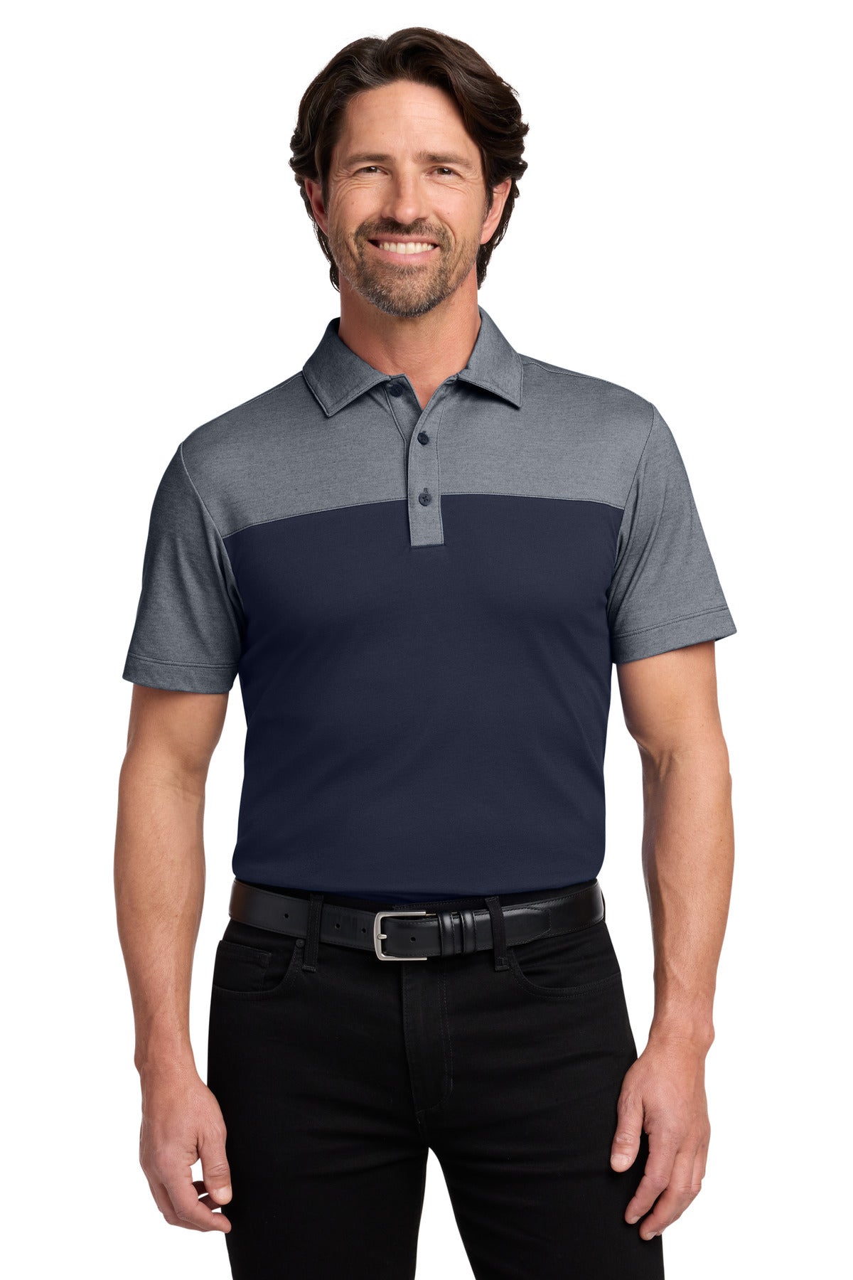 Port Authority Fine Pique Blend Blocked Polo K831 in River Blue Navy/ River Blue Navy Heather