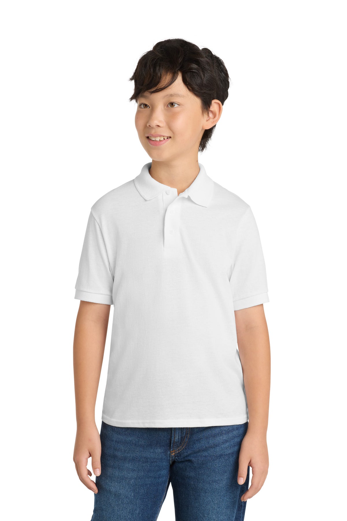 Port & Co Youth Core Blend Jersey Knit Polo. KP55Y in White