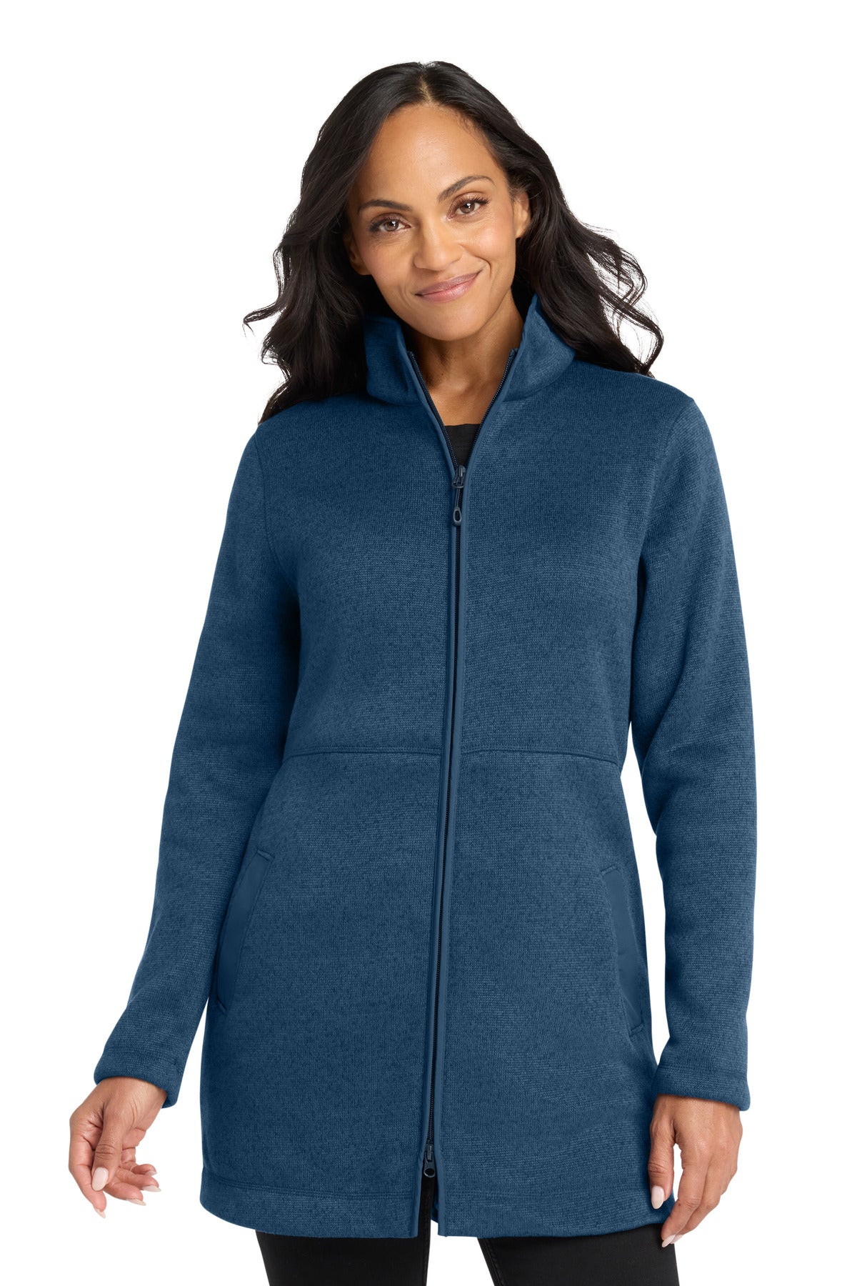 Port Authority Women's Arc Sweater Fleece Long Jacket L425 in Insignia Blue Heather