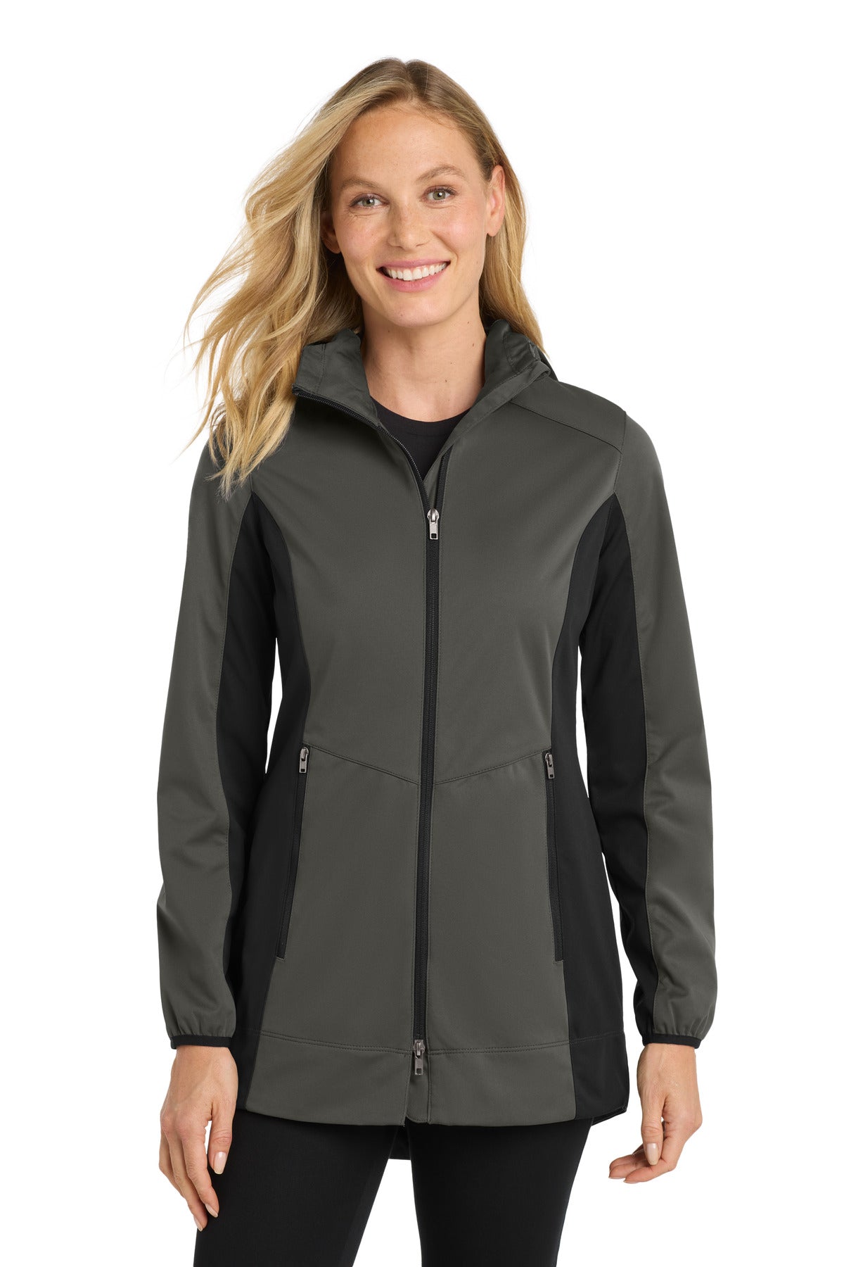 Port Authority Women's Active Hooded Soft Shell Jacket. L719 in Grey Steel/ Deep Black