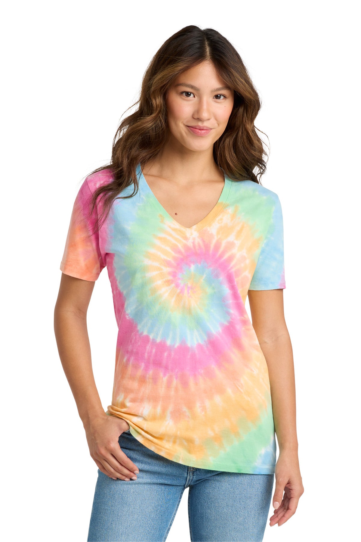 Port & Co Women's Tie-Dye V-Neck Tee. LPC147V in Pastel Rainbow