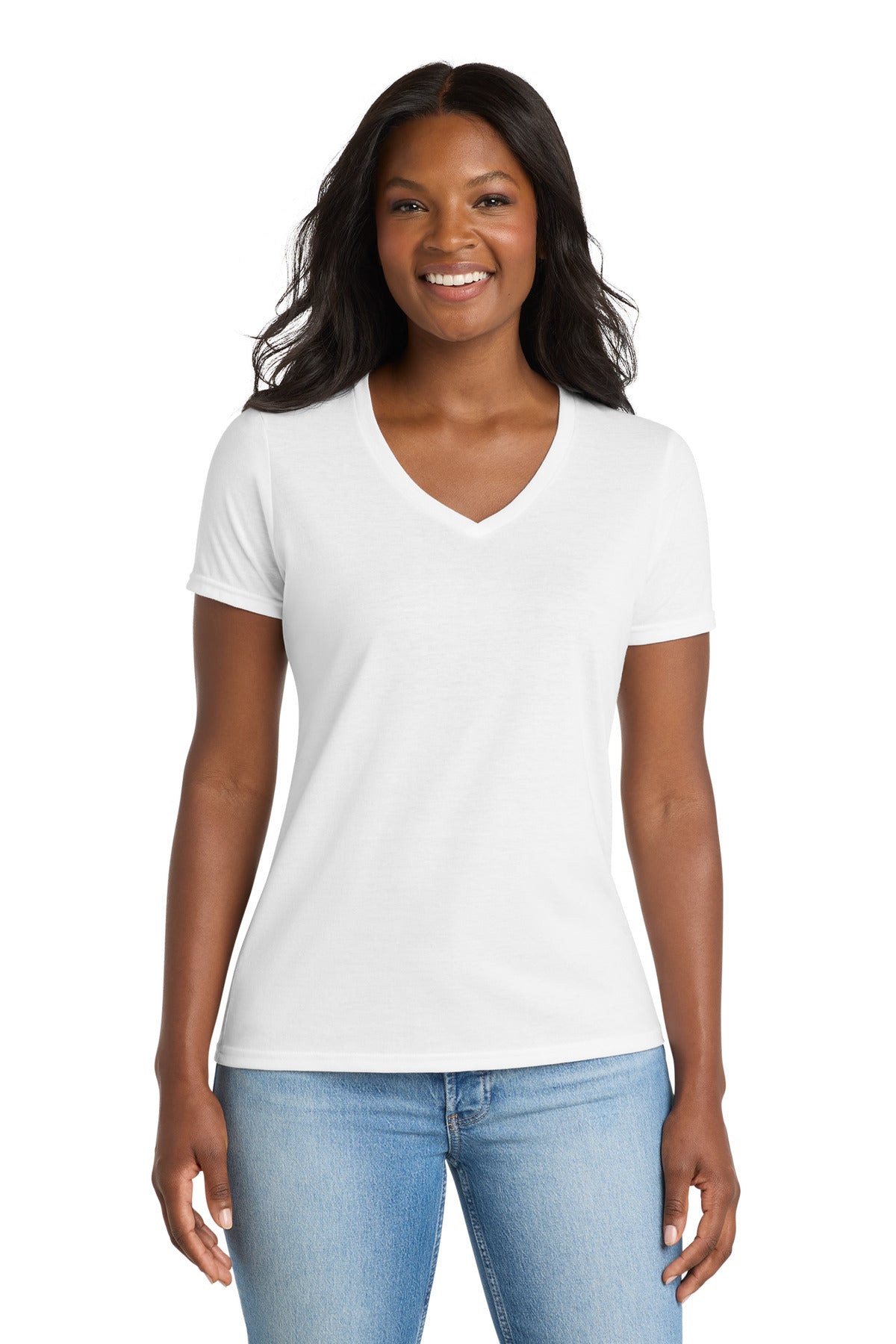Port & Co Women's Performance Blend V-Neck Tee. LPC381V in White