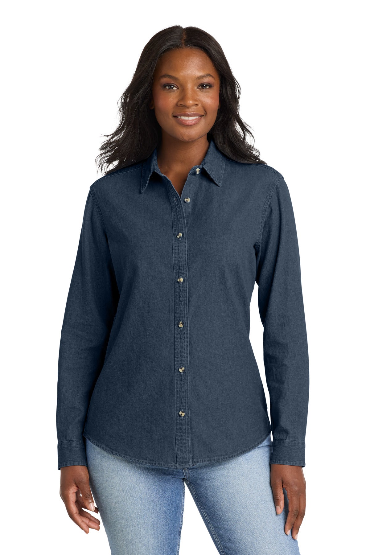 Port & Co Women's Long Sleeve Value Denim Shirt. LSP10 in Ink Blue