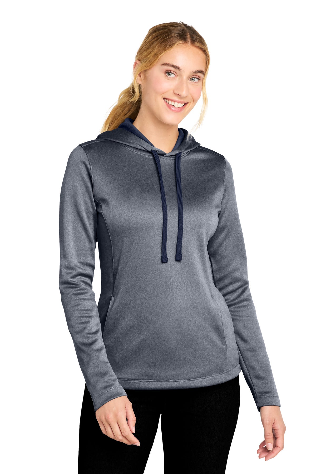 Sport-Tek Women's PosiCharge Sport-Wick Heather Fleece Hooded Pullover. LST264 in True Navy Heather