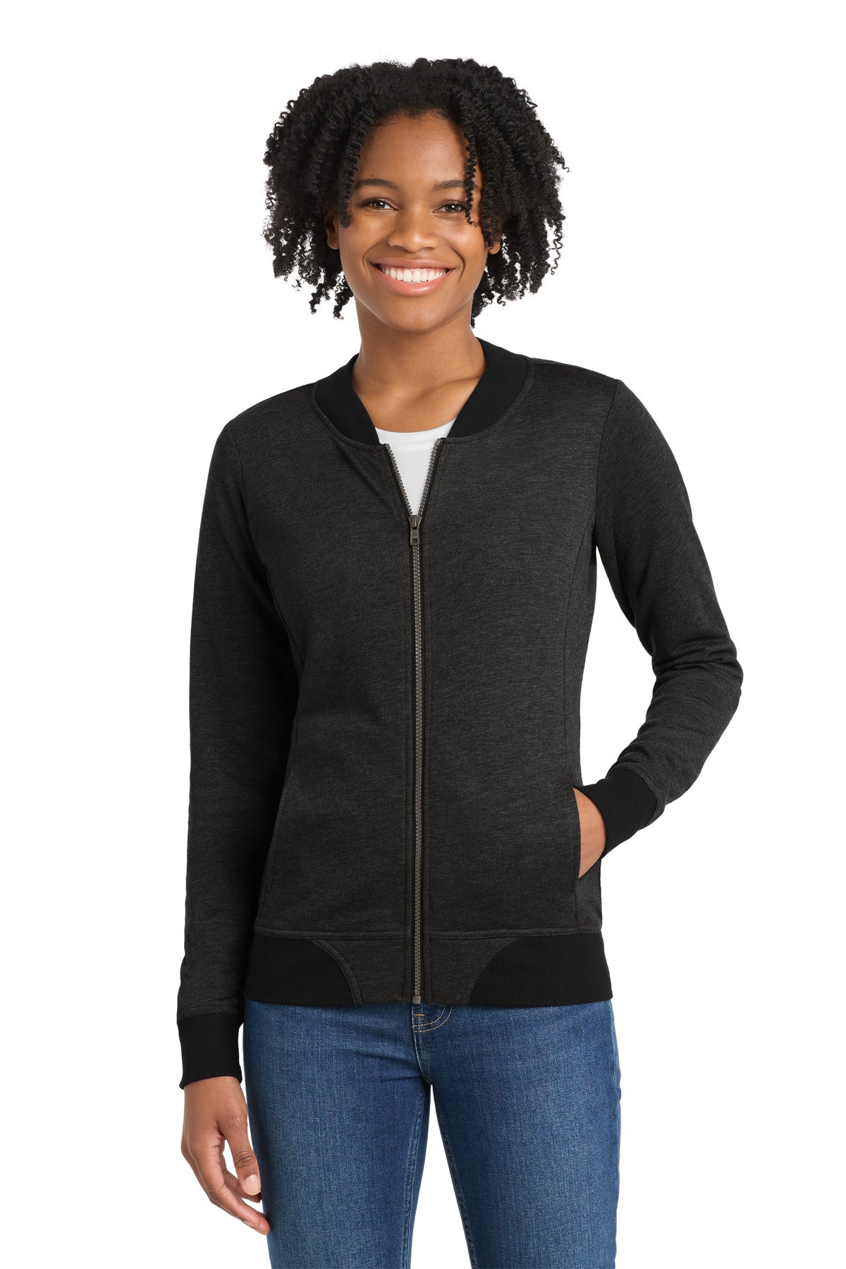 Sport-Tek Women's Lightweight French Terry Bomber LST274 in Heather Black