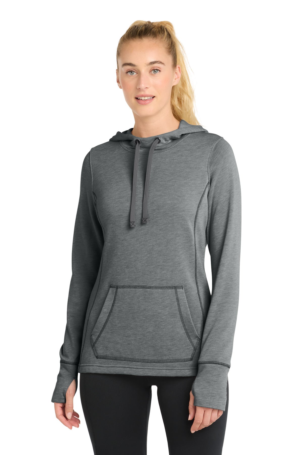 Sport-Tek Women's PosiCharge Tri-Blend Wicking Fleece Hooded Pullover. LST296 in Dark Grey Heather