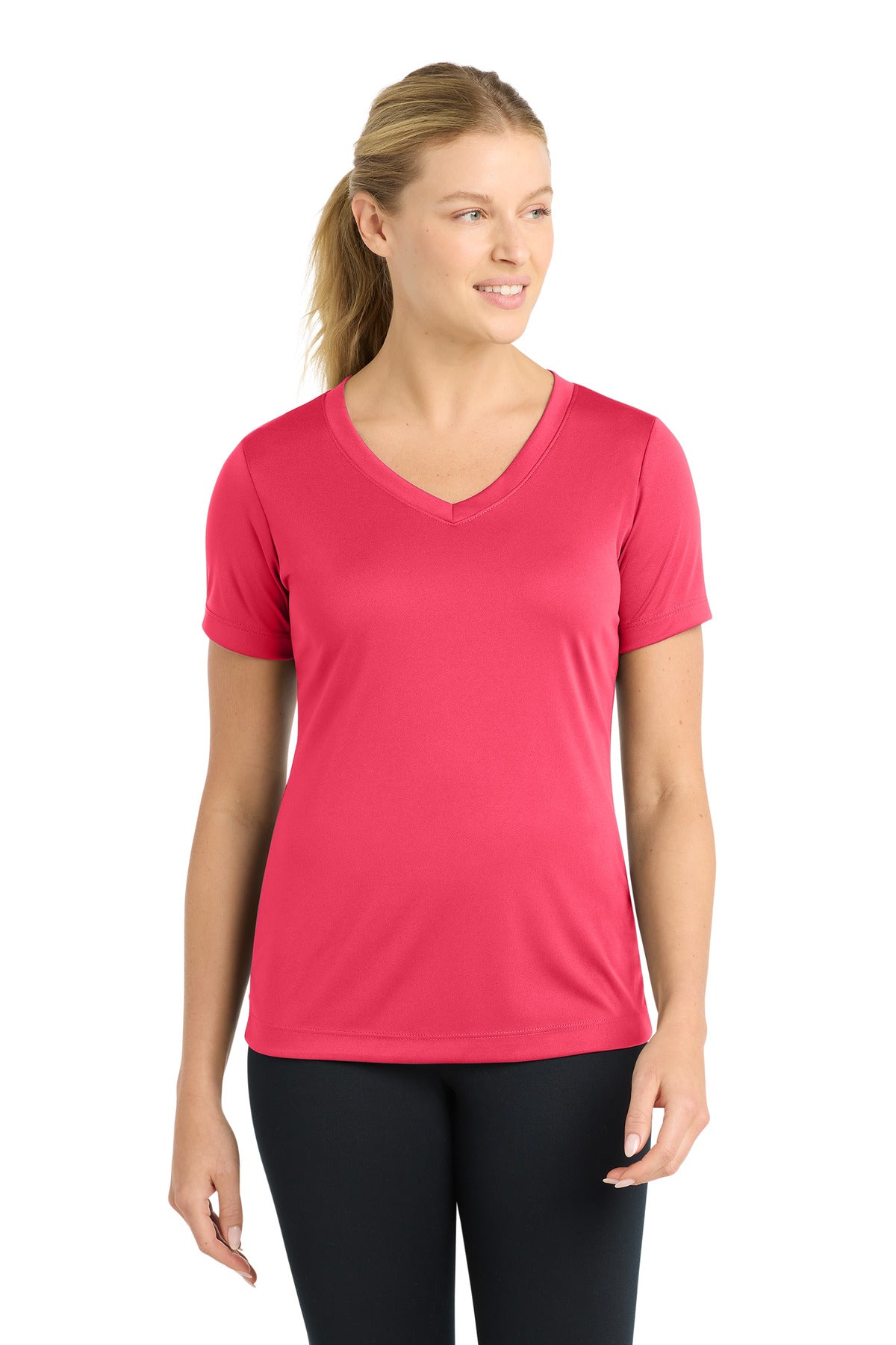 Sport-Tek Women's PosiCharge Competitor V-Neck Tee. LST353 in Hot Coral