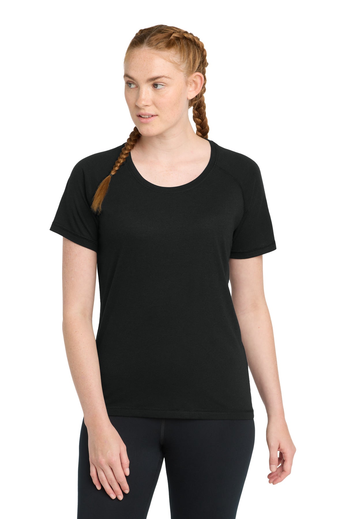 Sport-Tek Women's PosiCharge Tri-Blend Wicking Scoop Neck Raglan Tee. LST400 in Black Triad Solid