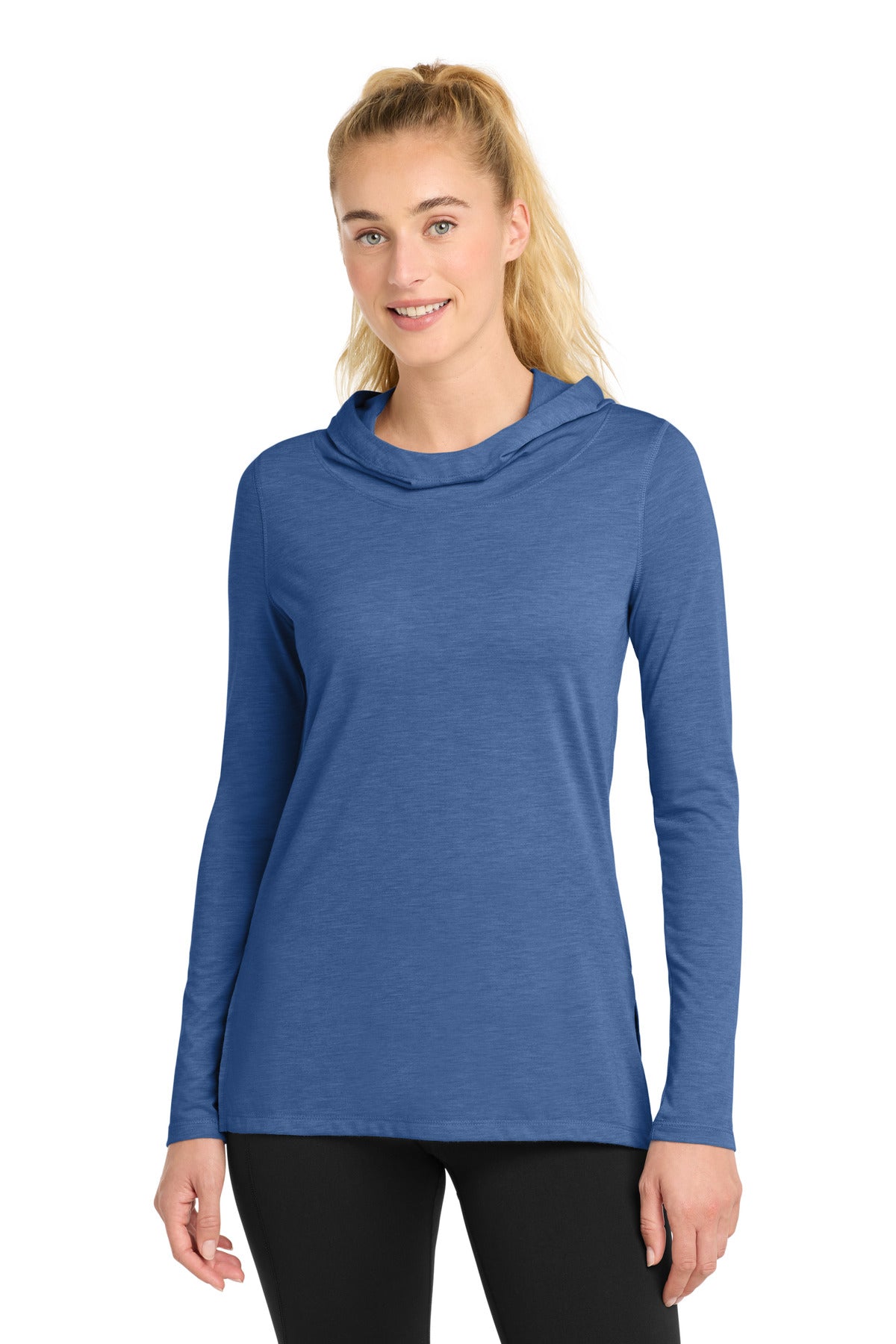 Sport-Tek Women's PosiCharge Tri-Blend Wicking Long Sleeve Hoodie LST406 in True Royal Heather