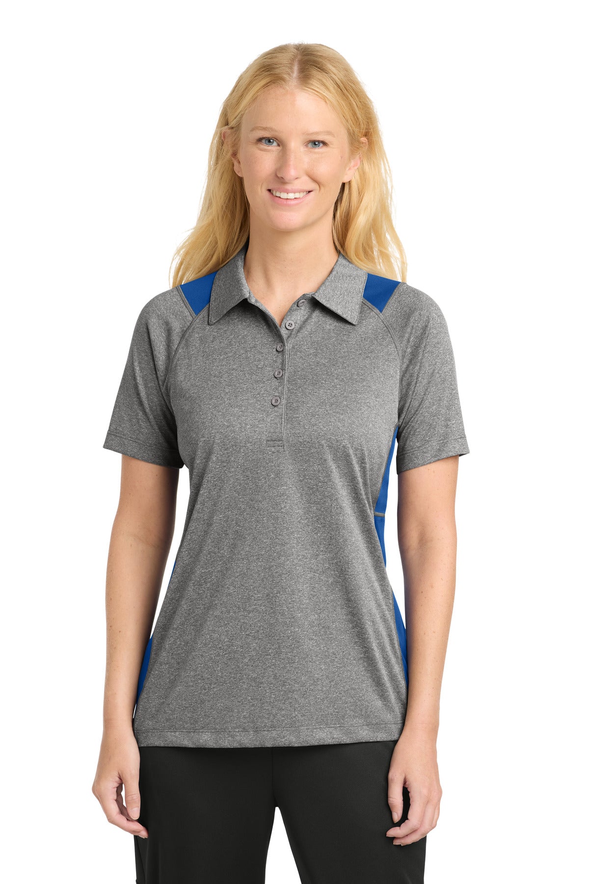 Sport-Tek Women's Heather Colorblock Contender Polo. LST665 in Vintage Heather/ True Royal