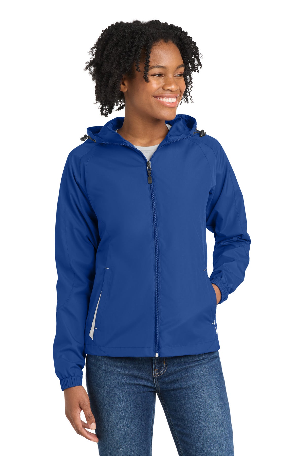 Sport-Tek Women's Colorblock Hooded Raglan Jacket. LST76 in True Royal/ White