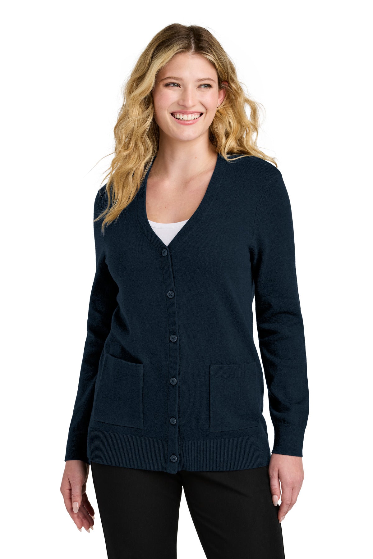 Port Authority Women's Easy Care Button-Up Cardigan Sweater LSW4150 in River Blue Navy