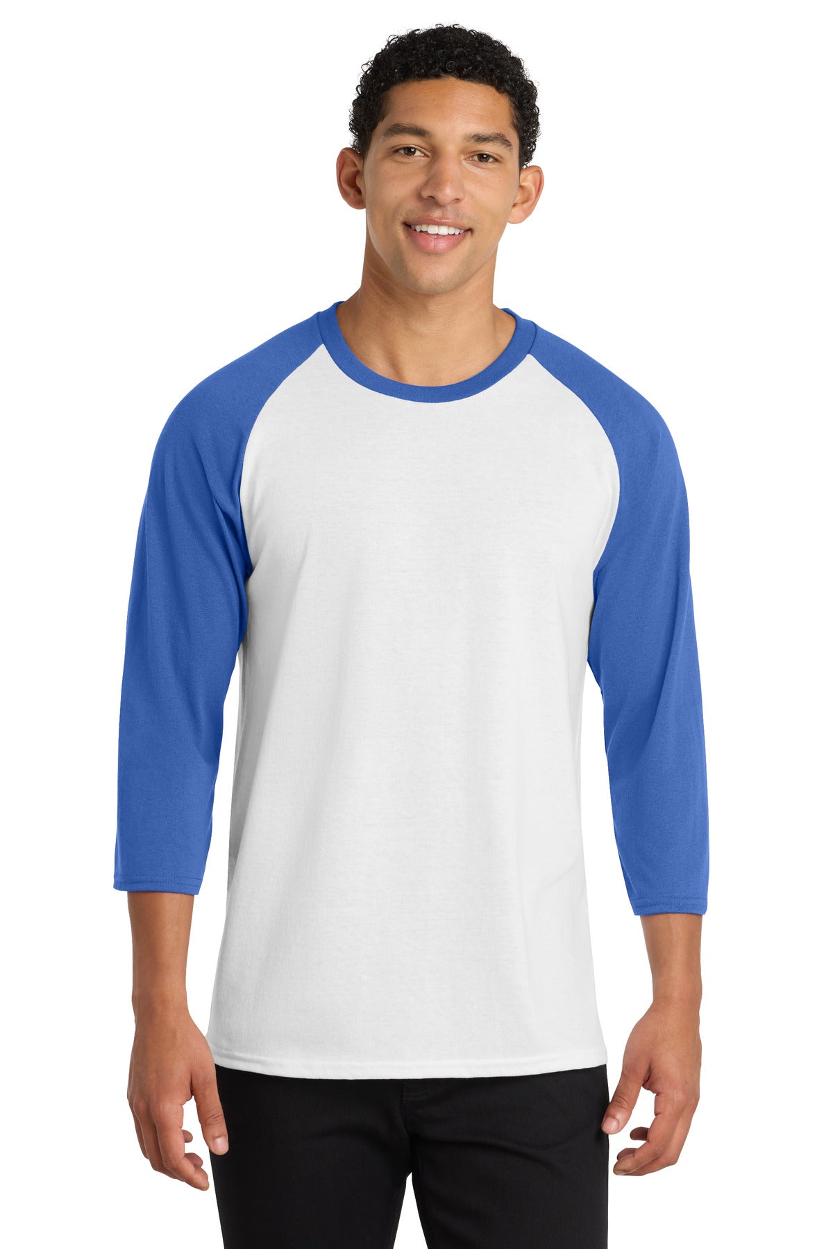Port & Co Core Blend 3/4-Sleeve Raglan Tee. PC55RS in White/ Royal
