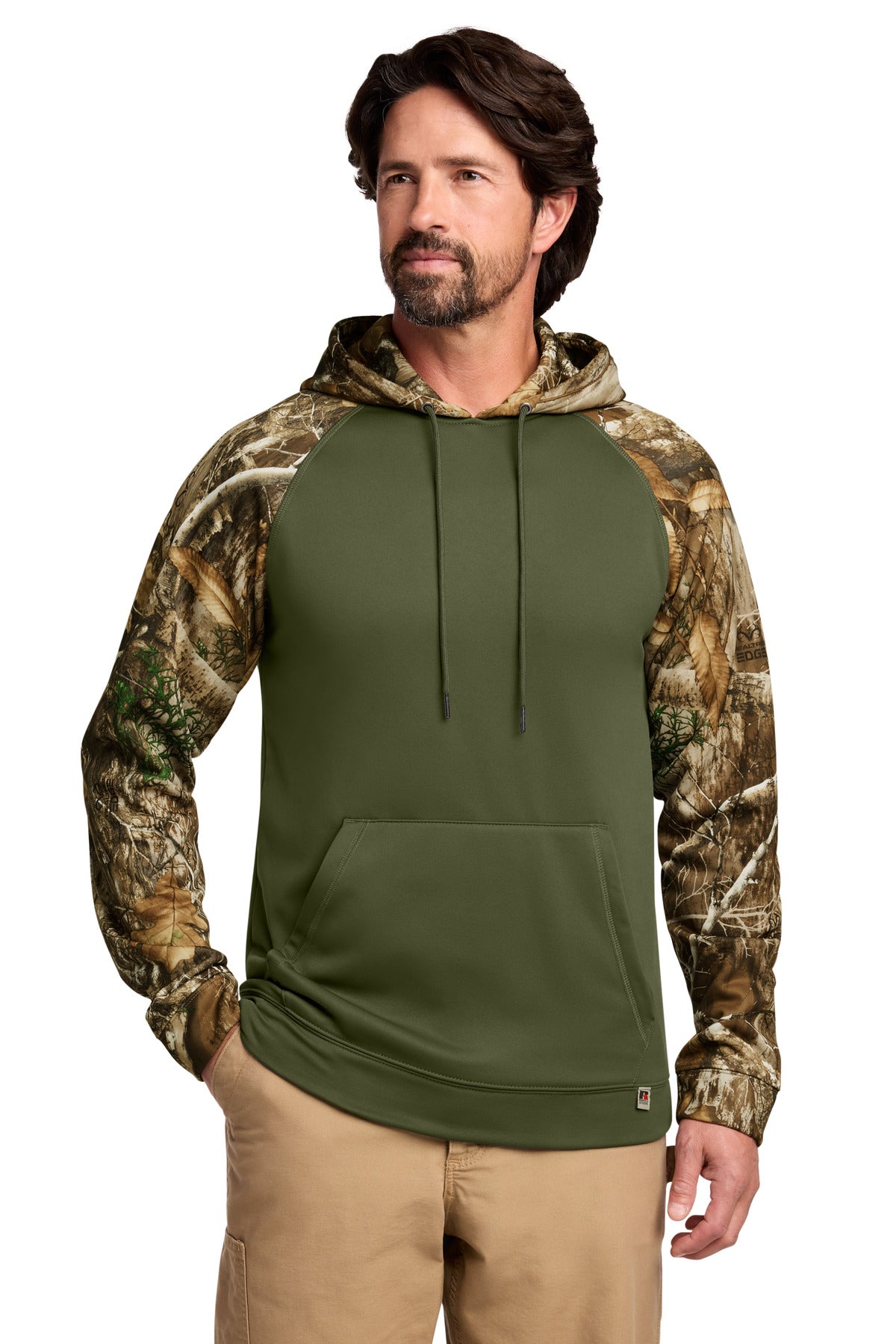 Russell Outdoors Realtree Performance Colorblock Pullover Hoodie RU451 in Olive Drab Green/ Realtree Edge