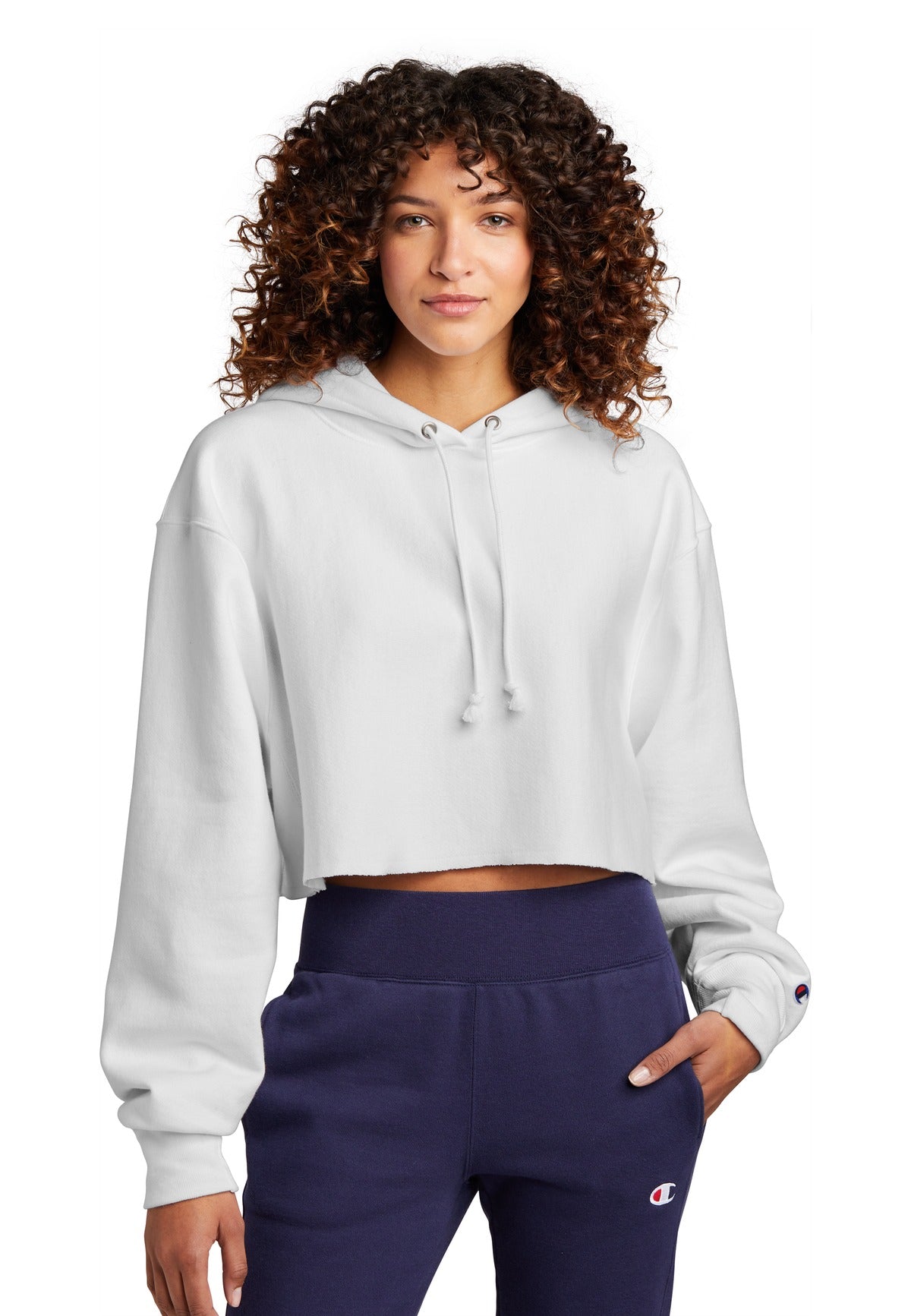 Champion Women's Reverse Weave Cropped Cut-Off Hooded Sweatshirt RW01W in White