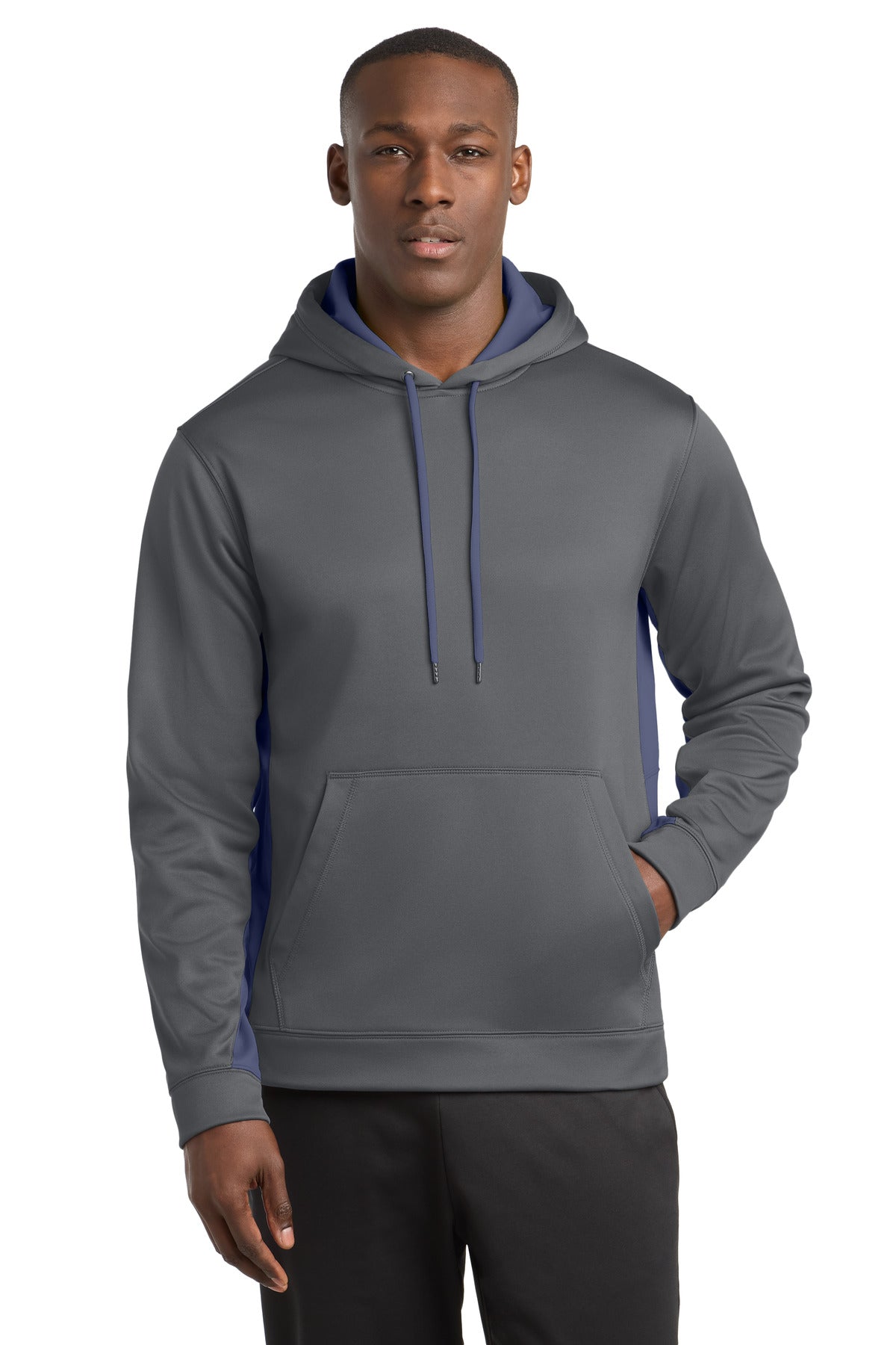 Sport-Tek Sport-Wick Fleece Colorblock Hooded Pullover. ST235 in Dark Smoke Grey/ Navy