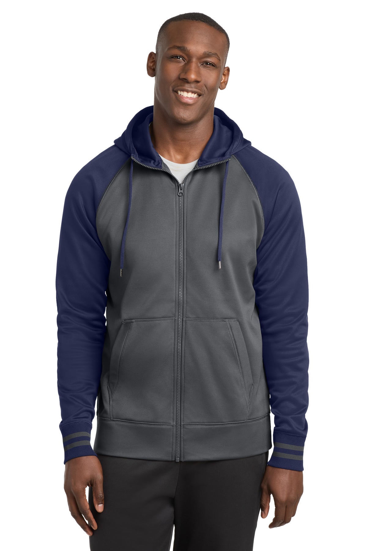 Sport-Tek Sport-Wick Varsity Fleece Full-Zip Hooded Jacket. ST236 in Dark Smoke Grey/ Navy