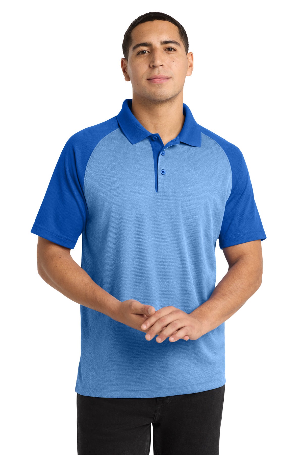 Sport-Tek PosiCharge RacerMesh Raglan Heather Block Polo. ST641 in True Royal Heather/ True Royal