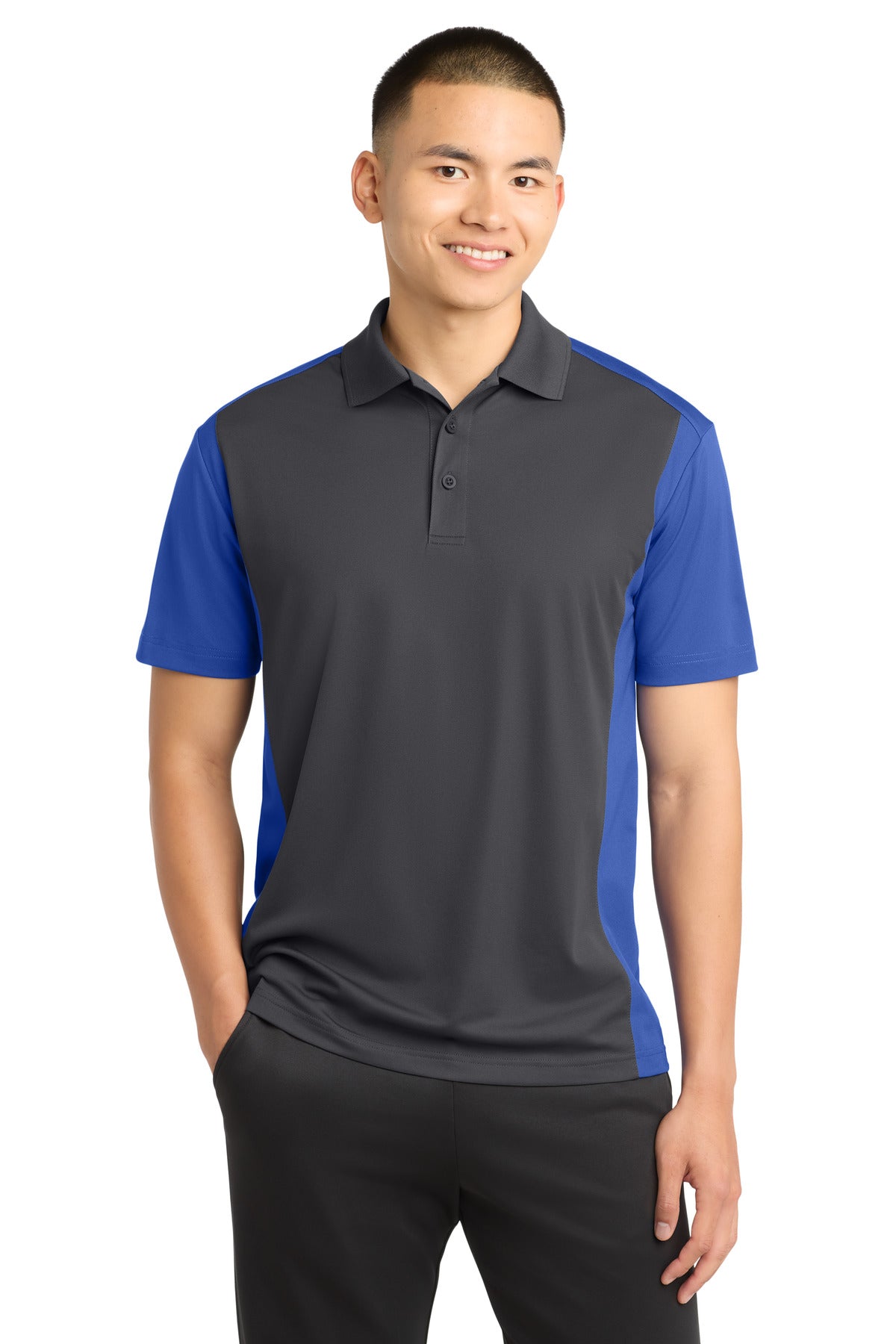 Sport-Tek Colorblock Micropique Sport-Wick Polo. ST652 in Iron Grey/ True Royal