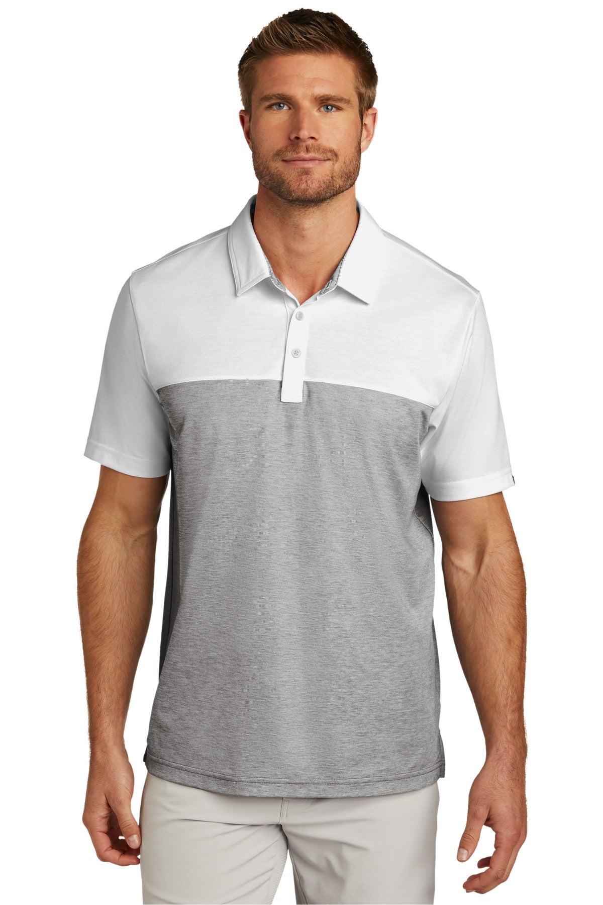 TravisMathew Oceanside Blocked Polo. TM1MU414 in White/ Quiet Shade Grey Heather