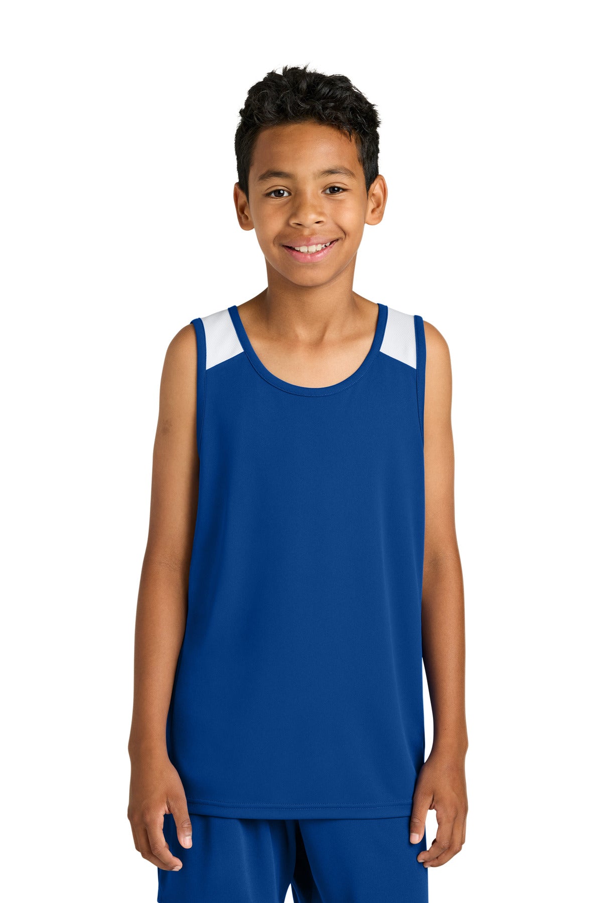 Sport-Tek Youth Club Track Tank YST446 in True Royal/ White