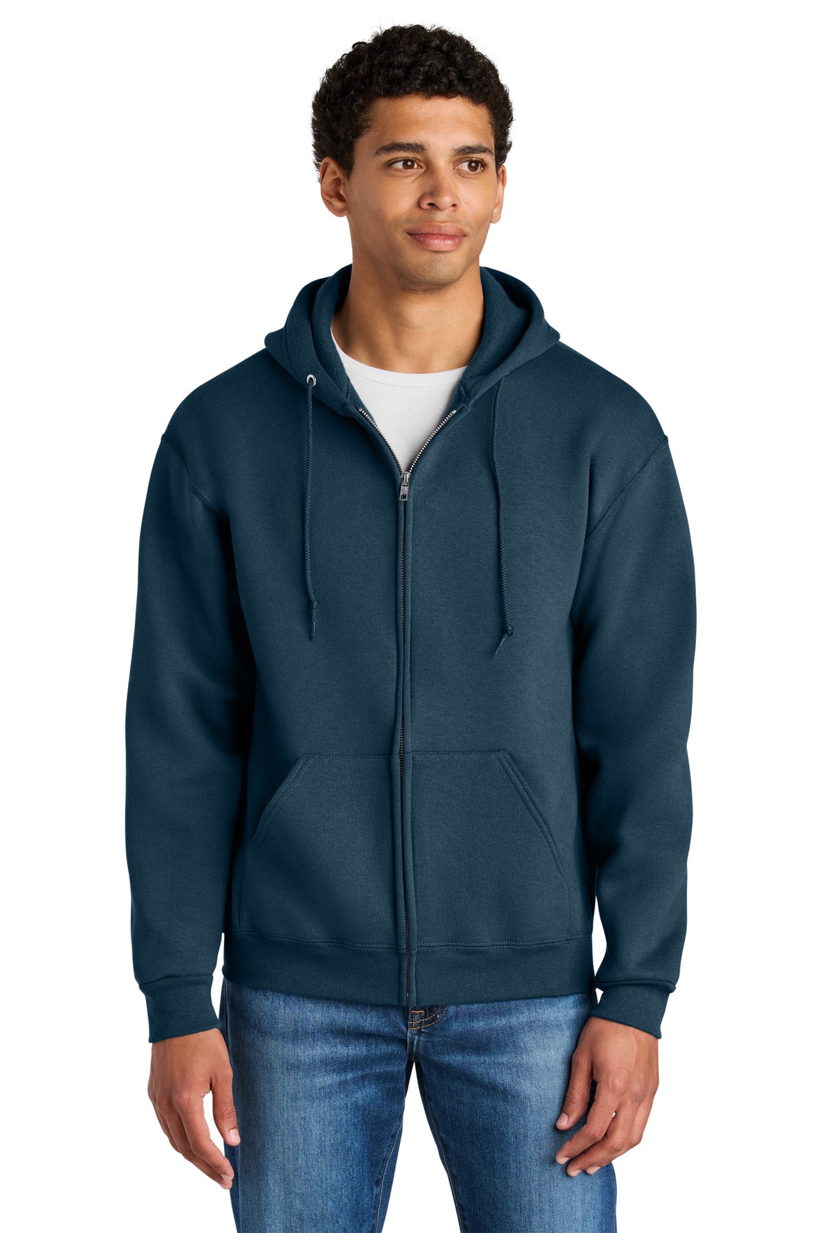 Jerzees Rugged Unisex Full-Zip Hooded Sweatshirt Z12M in Washed Navy