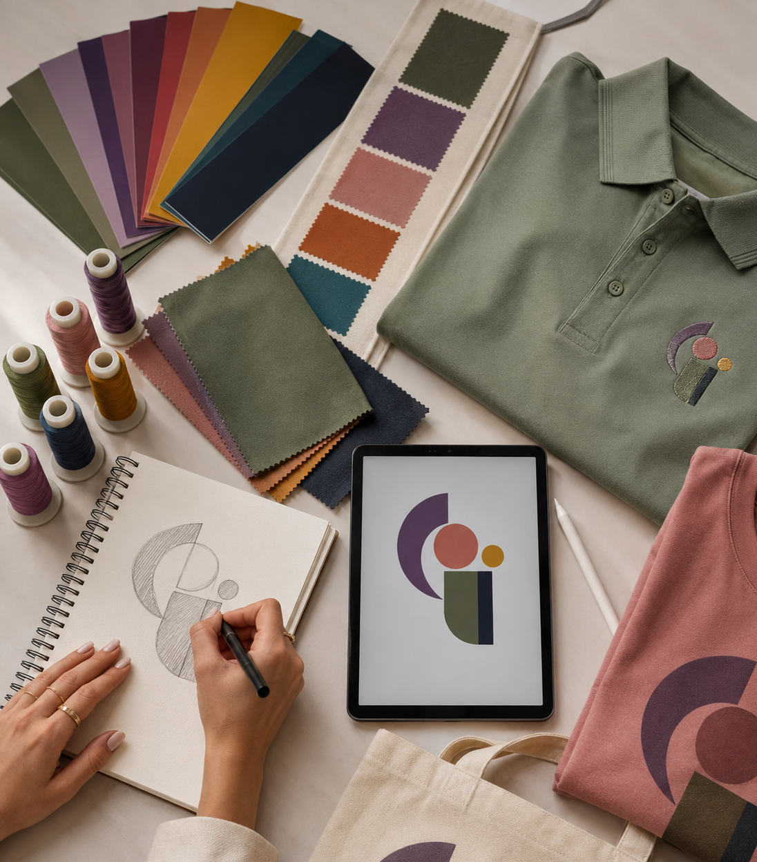 A styled flat-lay of apparel and design supplies on a white tabletop, including a sage green polo shirt, a pink T-shirt, a cream tote bag, thread spools, fabric color swatches, a sketchbook with a hand drawing, and a tablet showing an abstract geometric logo design.