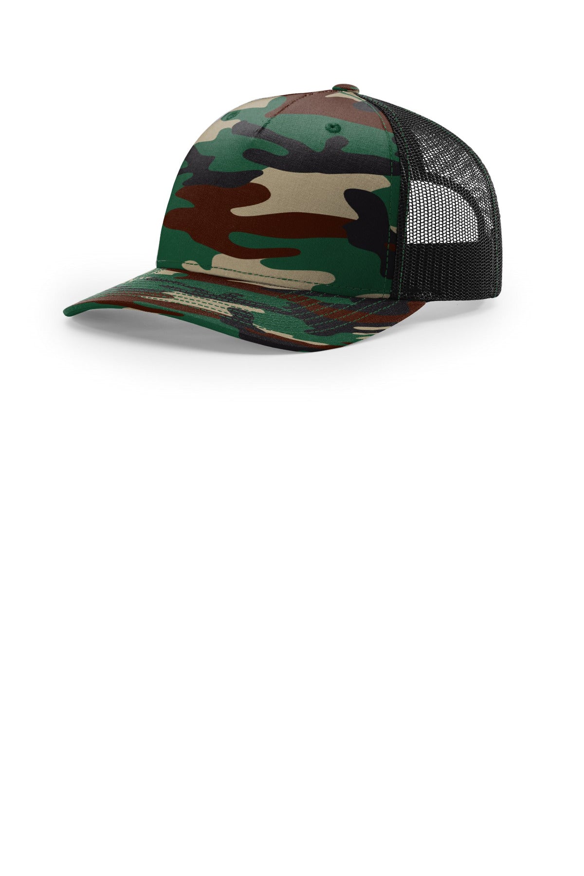 Richardson Printed Five-Panel Trucker 112PFP in Green Camo/ Black