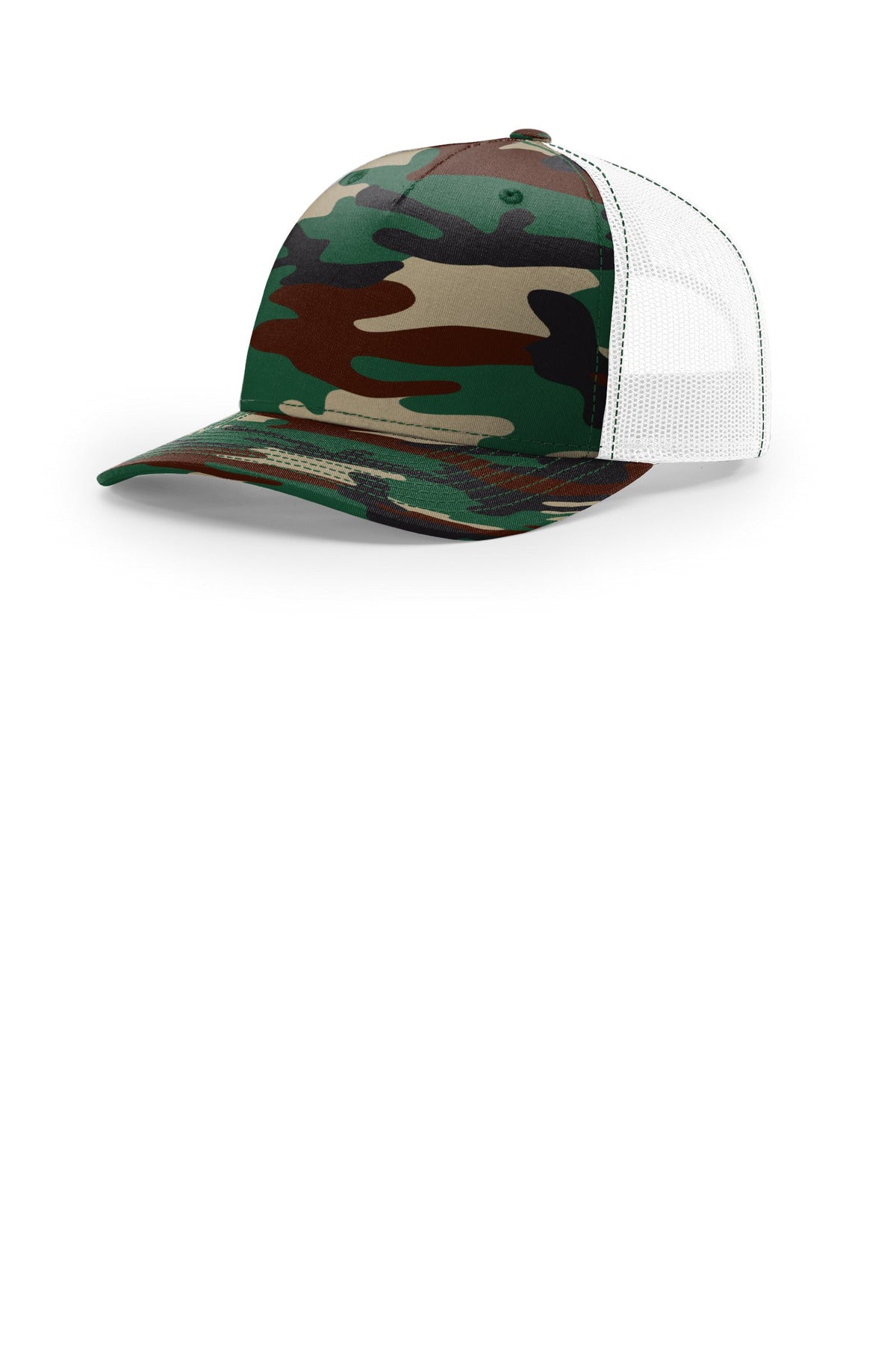 Richardson Printed Five-Panel Trucker 112PFP in Green Camo/ White