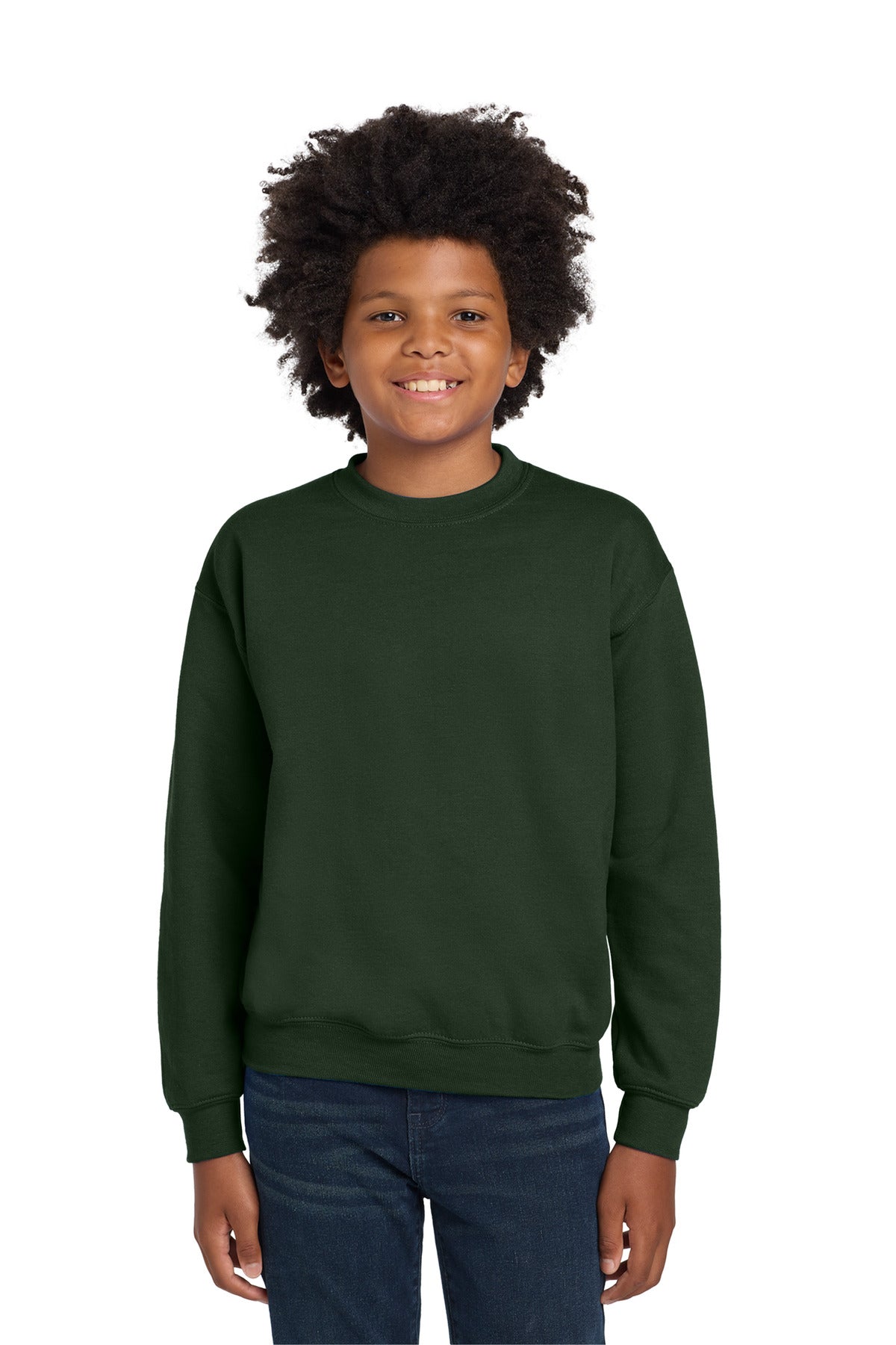 Gildan Youth Heavy Blend Crewneck Sweatshirt.  18000B in Forest Green