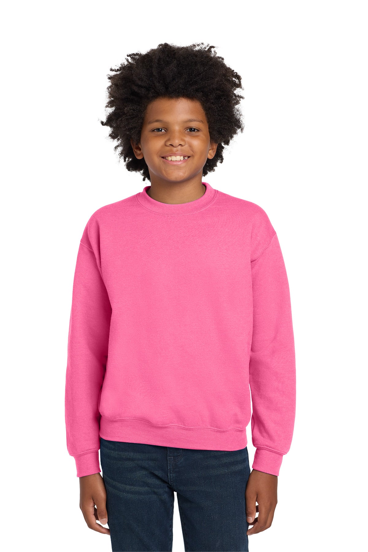 Gildan Youth Heavy Blend Crewneck Sweatshirt.  18000B in Safety Pink