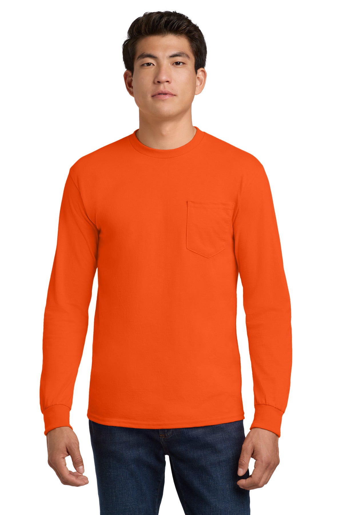Gildan - Ultra Cotton 100% US Cotton Long Sleeve T-Shirt with Pocket.  2410 in S. Orange