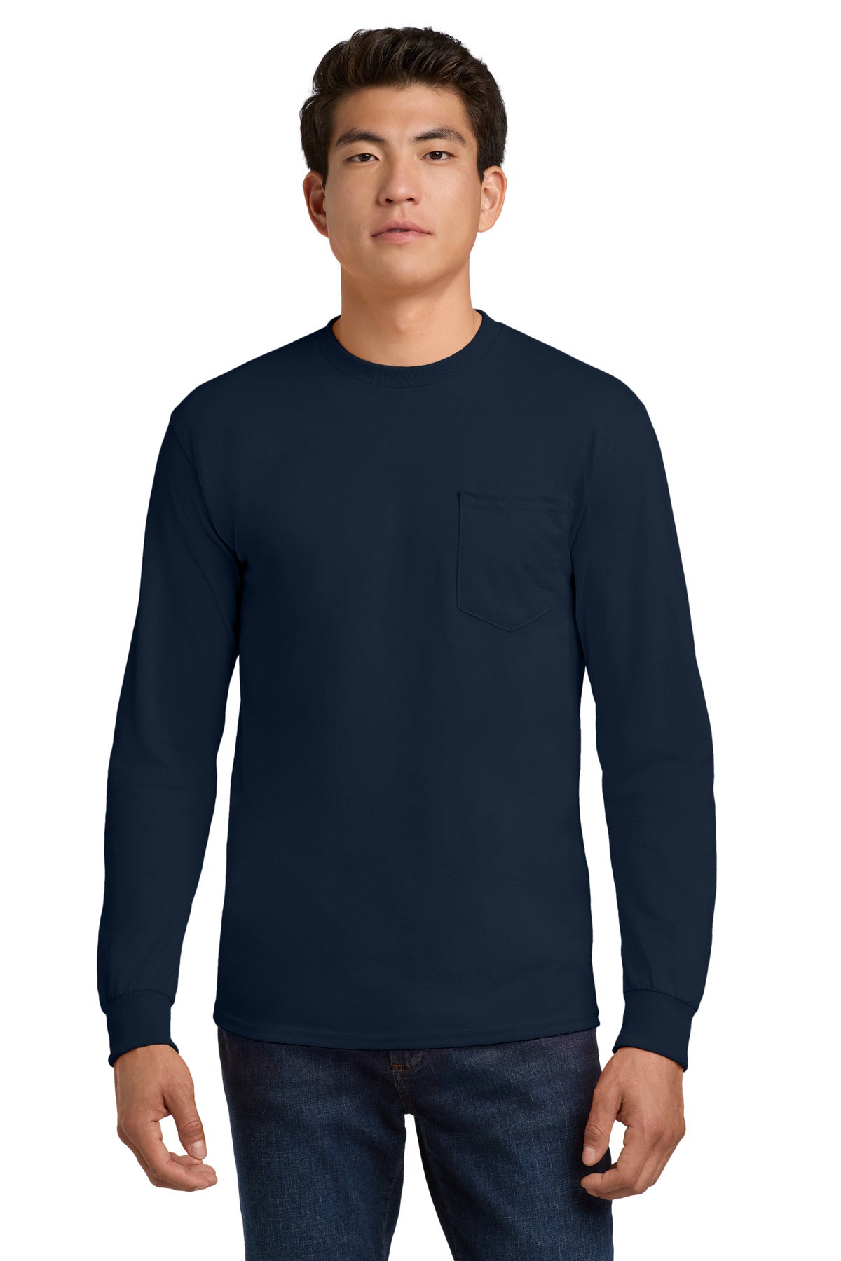 Gildan - Ultra Cotton 100% US Cotton Long Sleeve T-Shirt with Pocket.  2410 in Navy