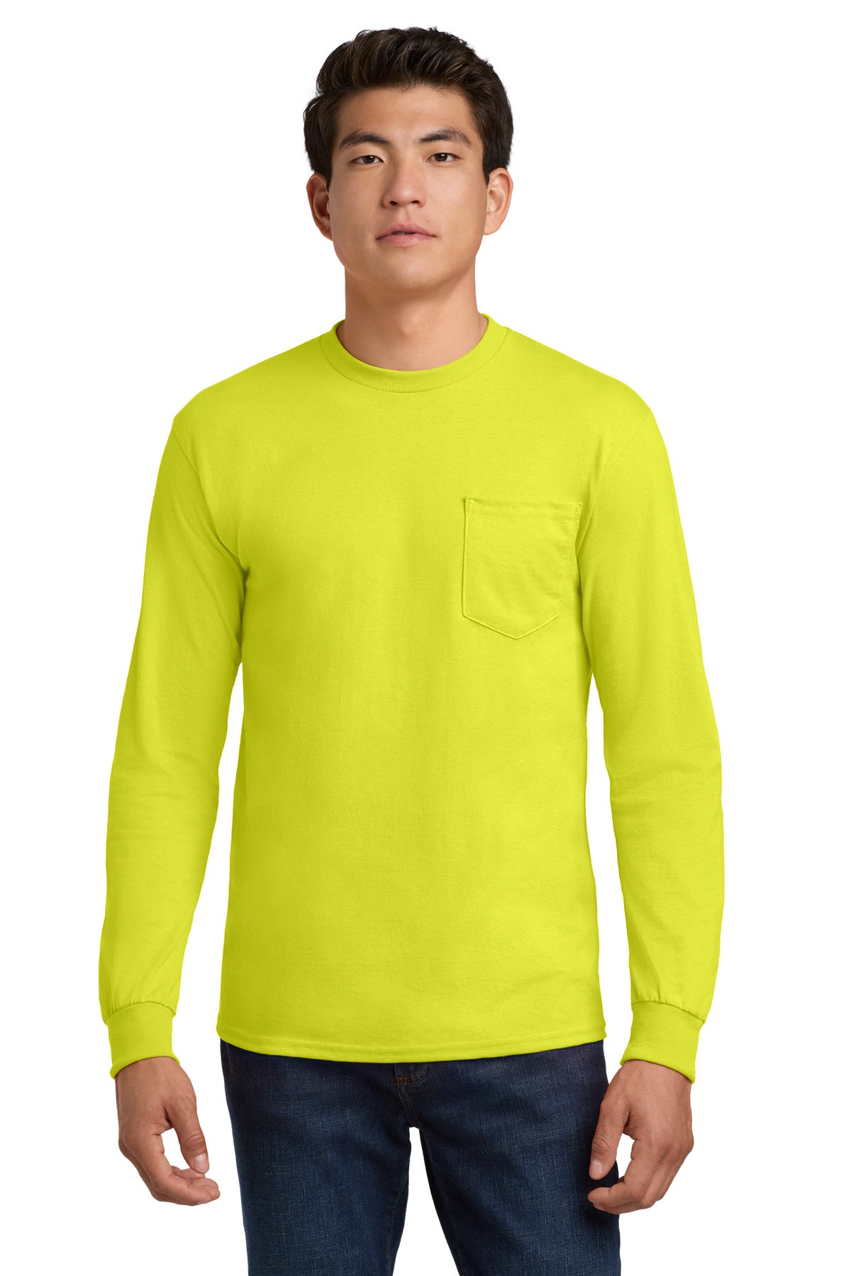Gildan - Ultra Cotton 100% US Cotton Long Sleeve T-Shirt with Pocket.  2410 in Safety Green