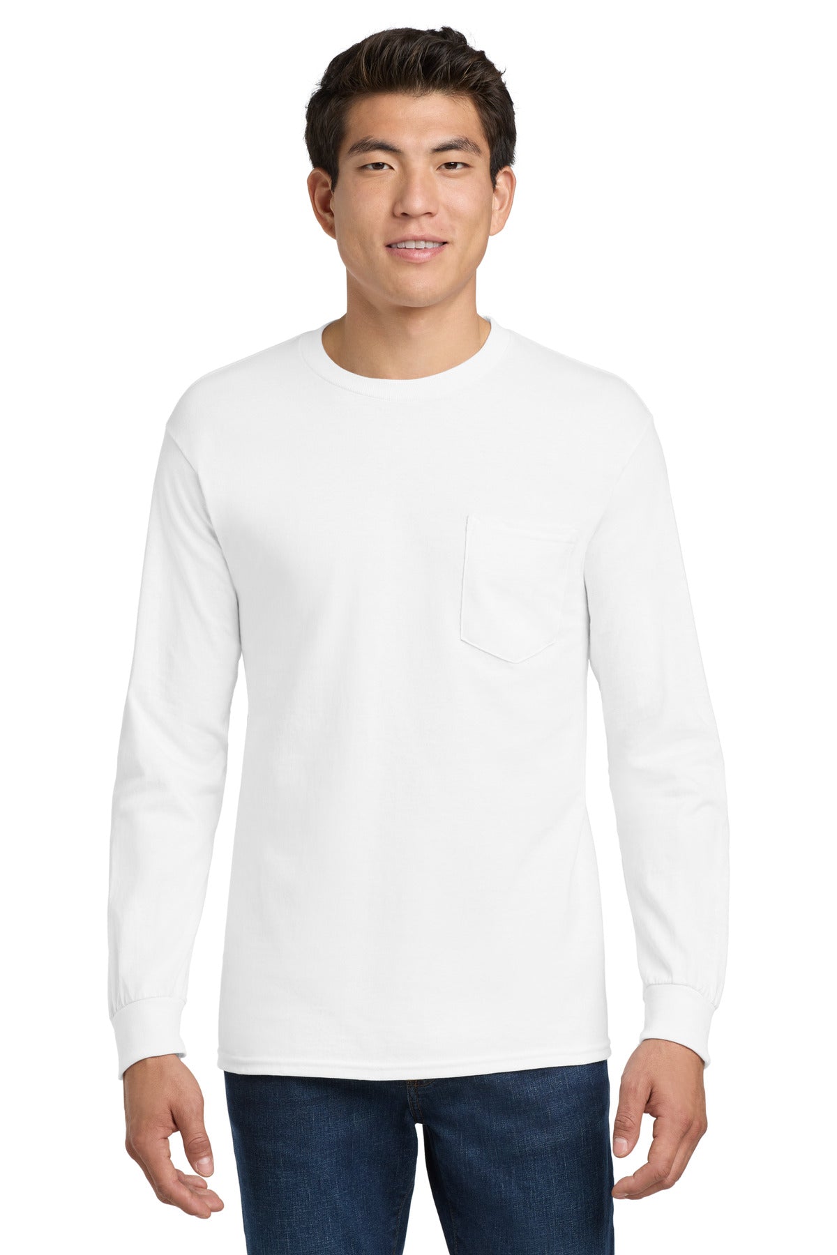 Gildan - Ultra Cotton 100% US Cotton Long Sleeve T-Shirt with Pocket.  2410 in White