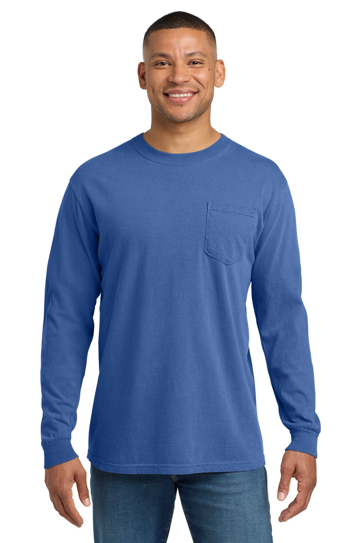 COMFORT COLORS  Heavyweight Ring Spun Long Sleeve Pocket Tee. 4410 in Flo Blue