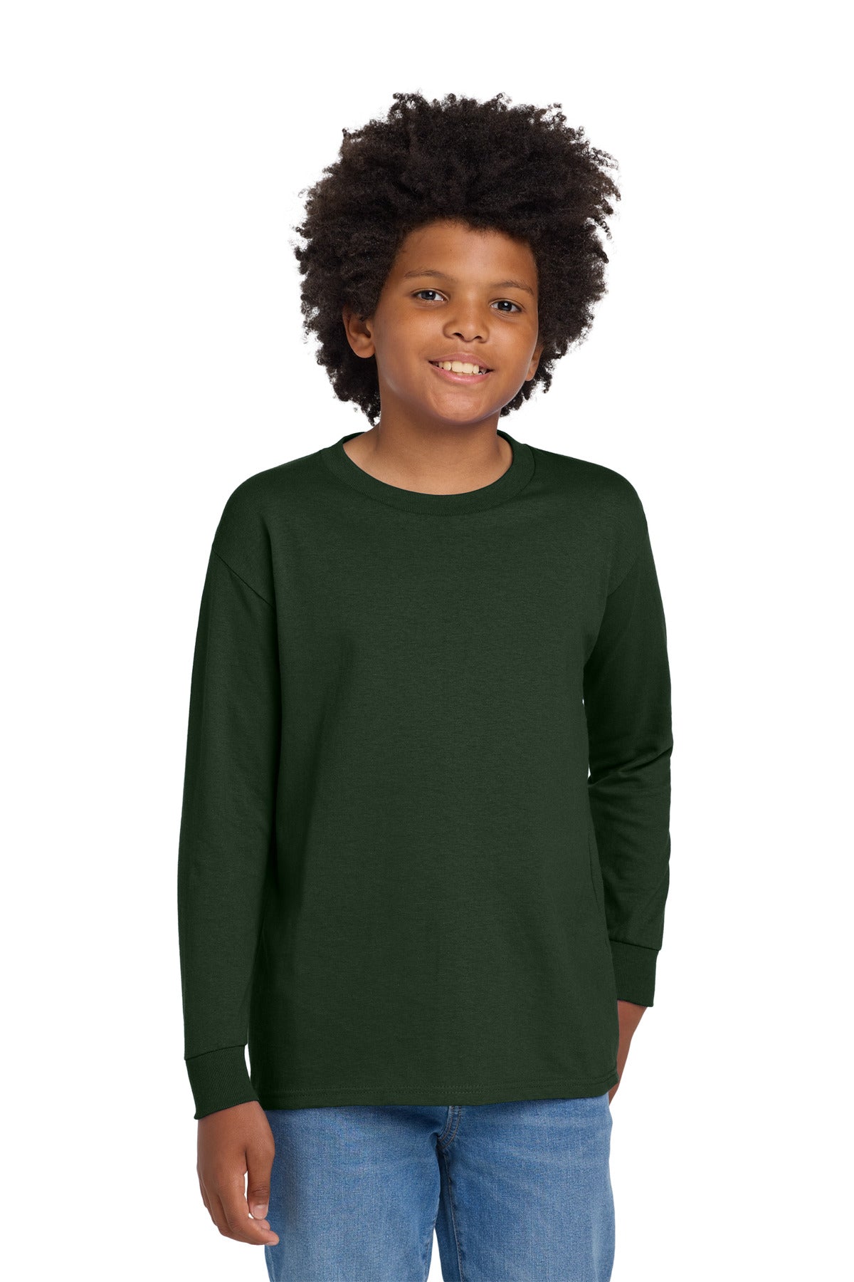 Gildan Youth Heavy Cotton 100% Cotton Long Sleeve T-Shirt. 5400B in Forest Green