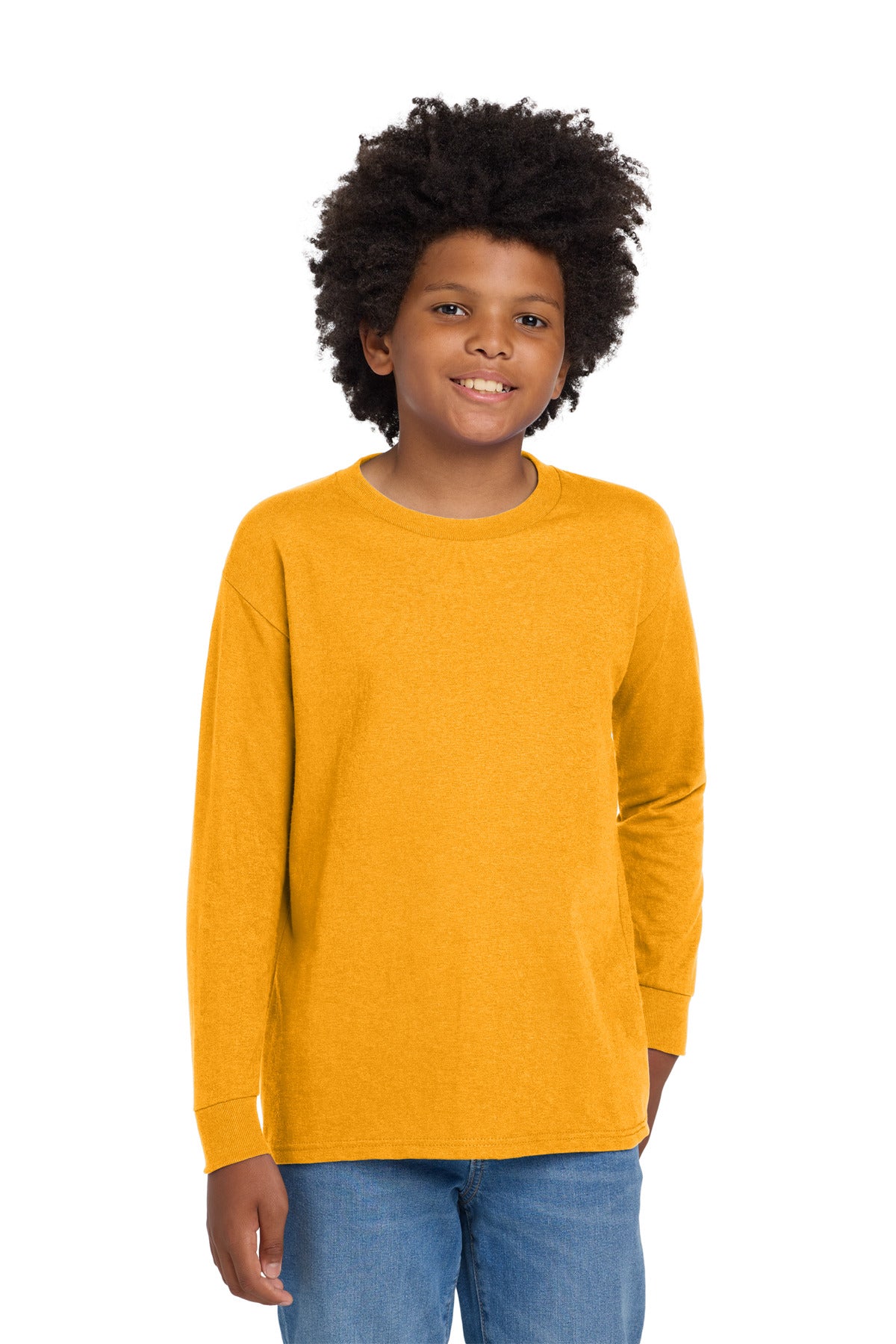 Gildan Youth Heavy Cotton 100% Cotton Long Sleeve T-Shirt. 5400B in Gold