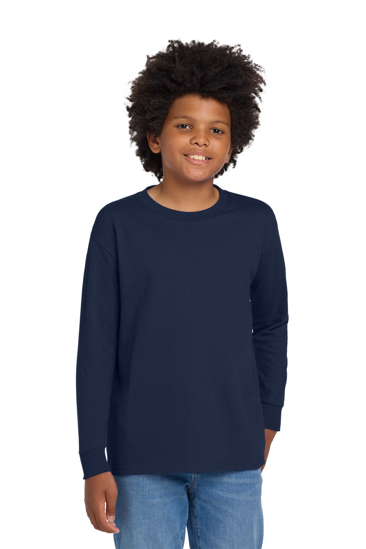 Gildan Youth Heavy Cotton 100% Cotton Long Sleeve T-Shirt. 5400B in Navy