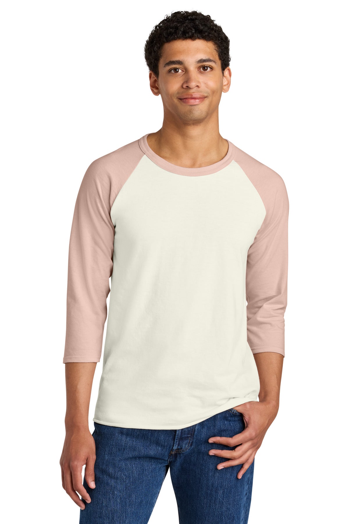 Jerzees Unisex Premium Blend Combed Ring Spun 3/4-Sleeve Raglan 560R in Sweet Cream Heather/ Blush Pink
