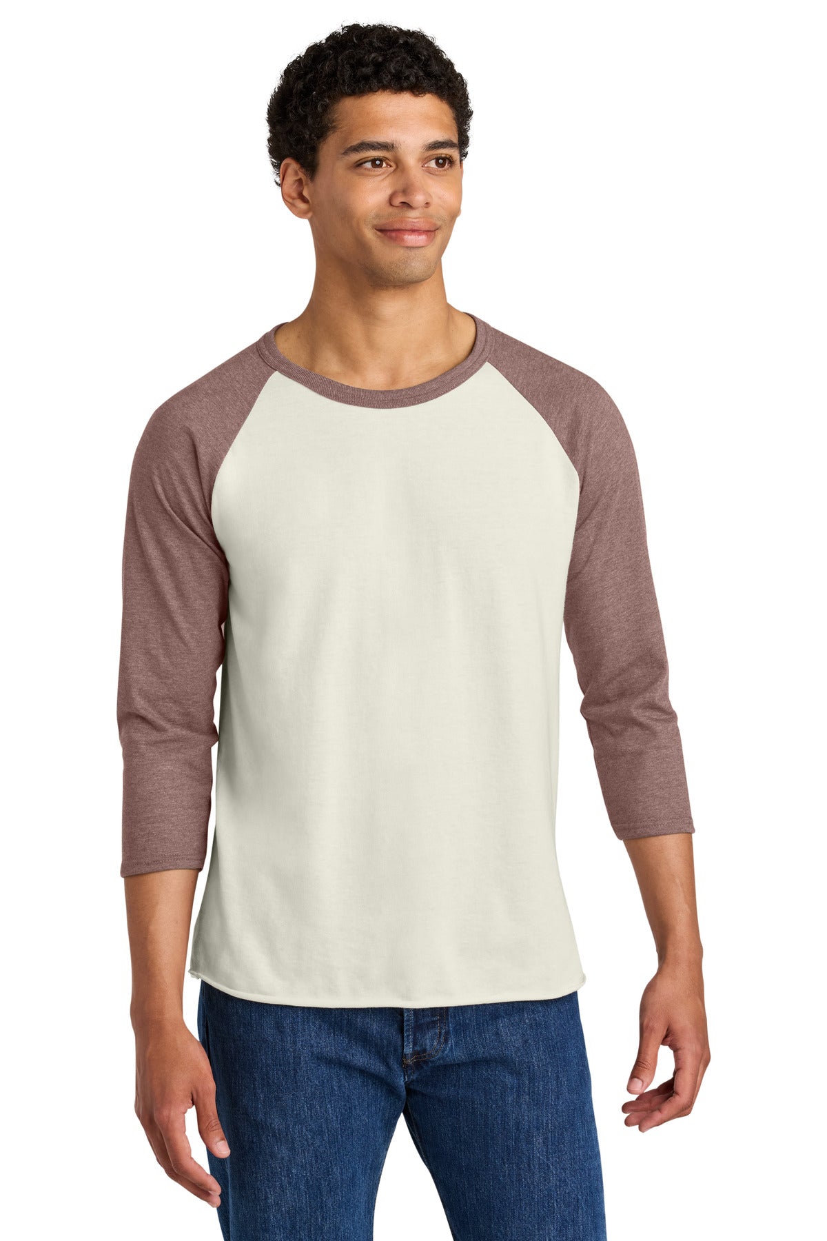 Jerzees Unisex Premium Blend Combed Ring Spun 3/4-Sleeve Raglan 560R in Sweet Cream Heather/ Heather Mauve