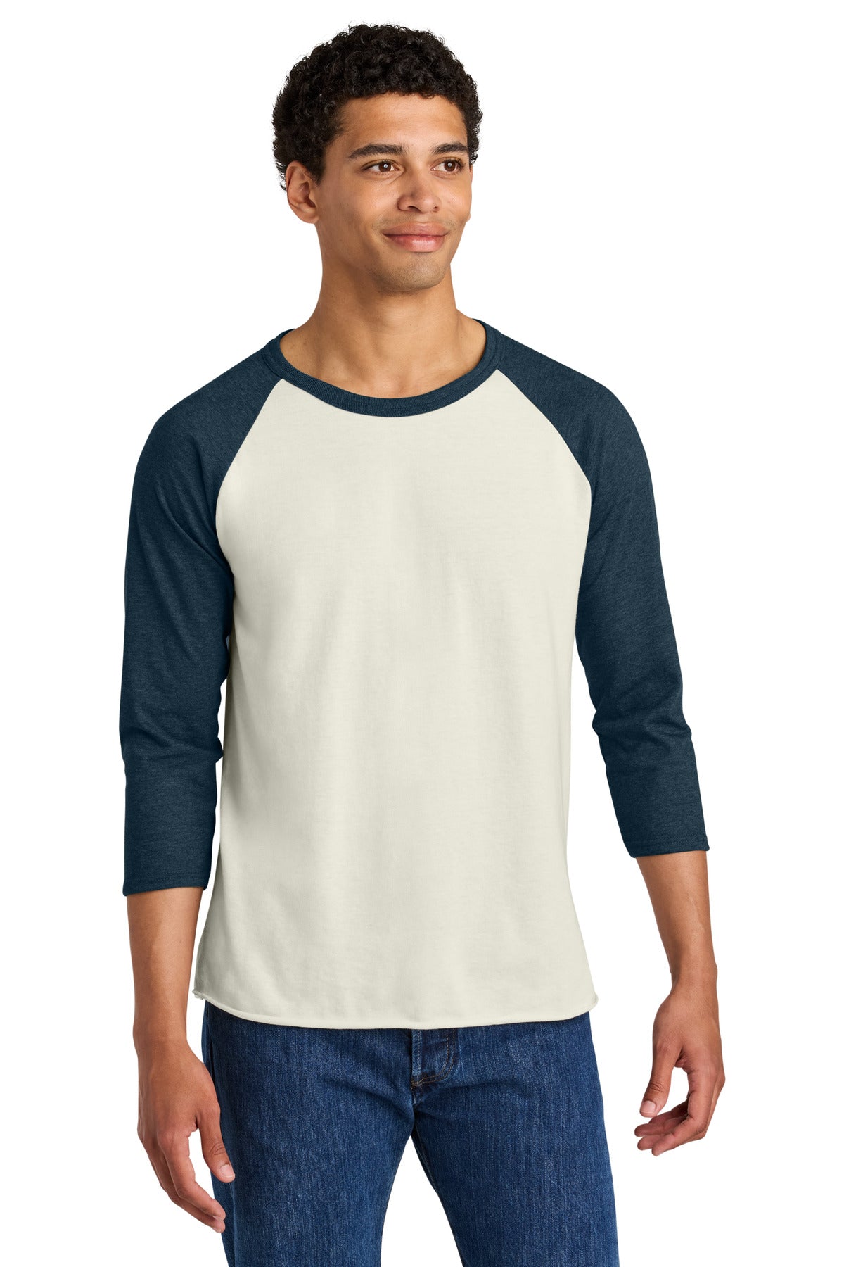 Jerzees Unisex Premium Blend Combed Ring Spun 3/4-Sleeve Raglan 560R in Sweet Cream Heather/ Indigo Heather