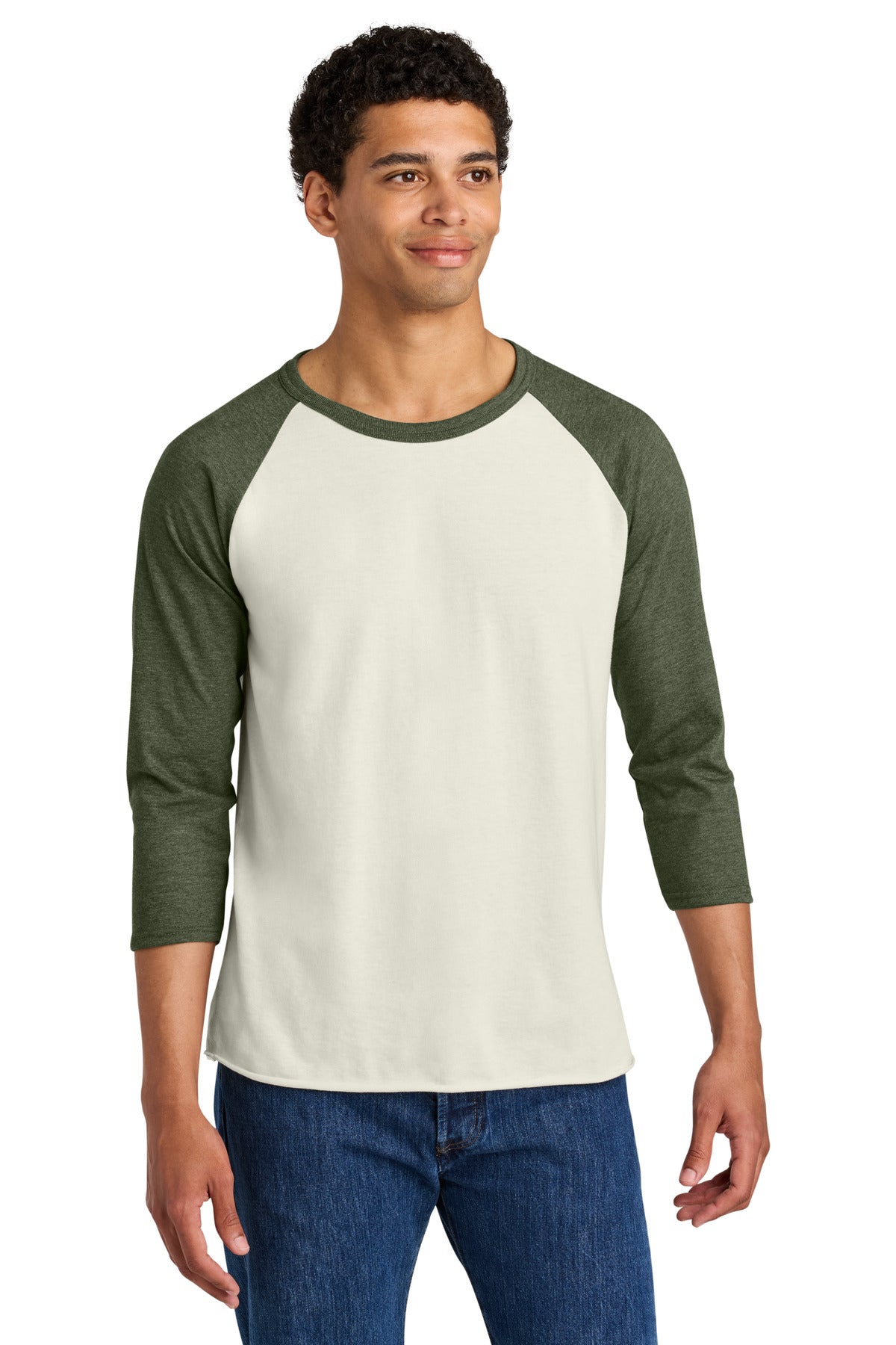Jerzees Unisex Premium Blend Combed Ring Spun 3/4-Sleeve Raglan 560R in Sweet Cream Heather/ Military Green Heather