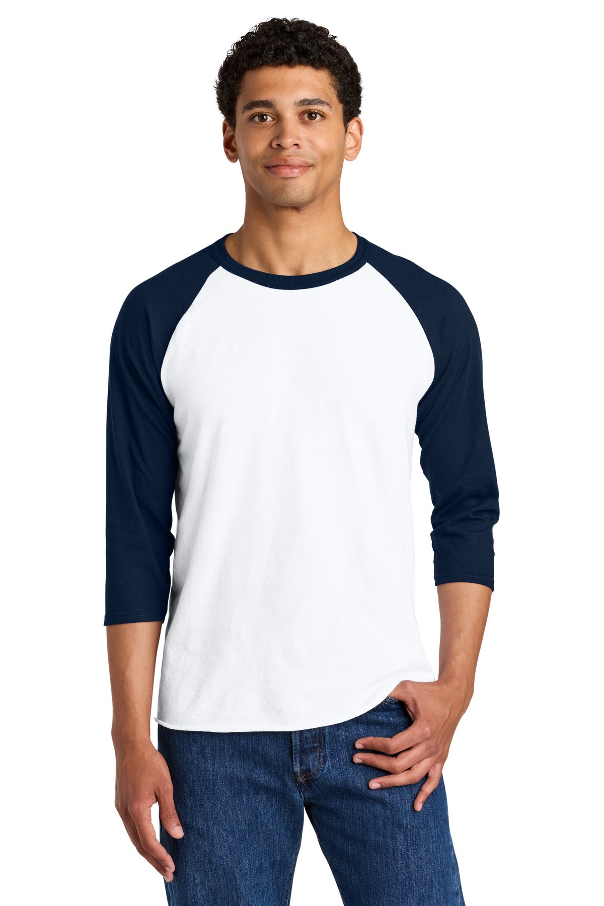 Jerzees Unisex Premium Blend Combed Ring Spun 3/4-Sleeve Raglan 560R in White/ J. Navy