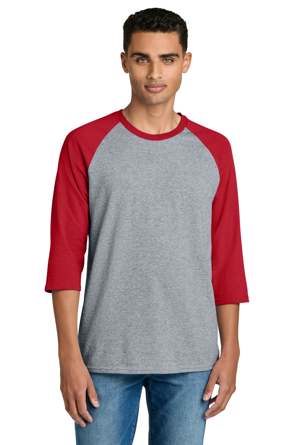 Gildan Heavy Cotton 3/4-Sleeve Raglan T-Shirt. 5700 in Sport Grey Trim Red