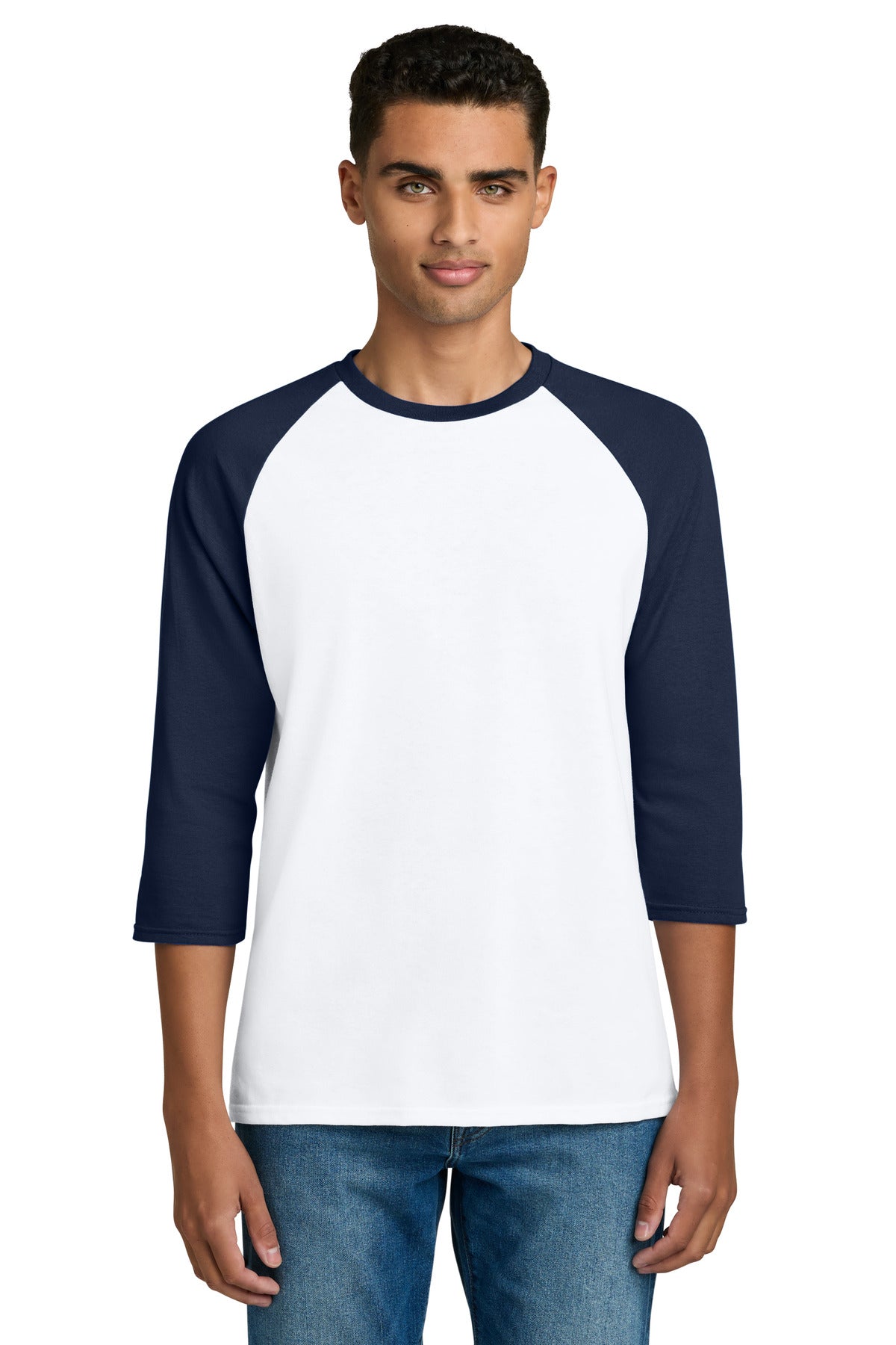Gildan Heavy Cotton 3/4-Sleeve Raglan T-Shirt. 5700 in White/ Navy