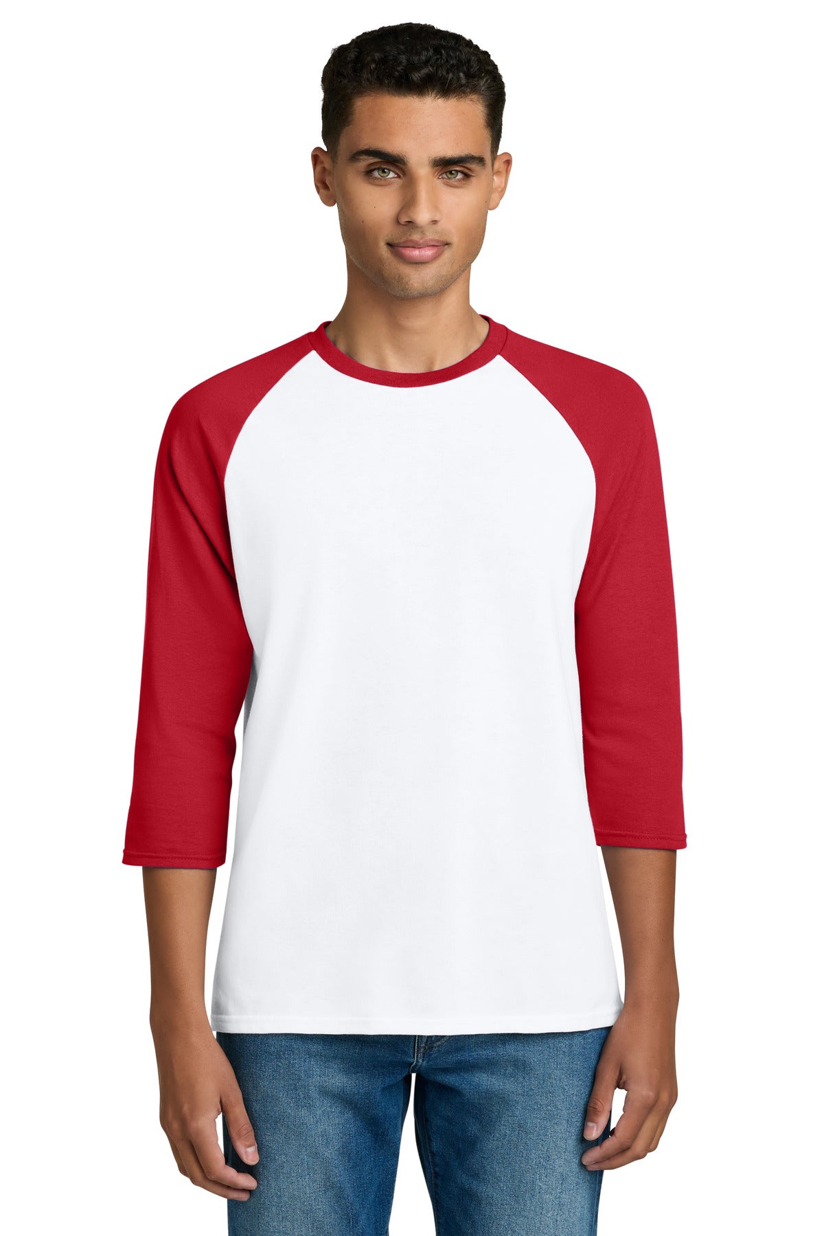 Gildan Heavy Cotton 3/4-Sleeve Raglan T-Shirt. 5700 in White/ Red